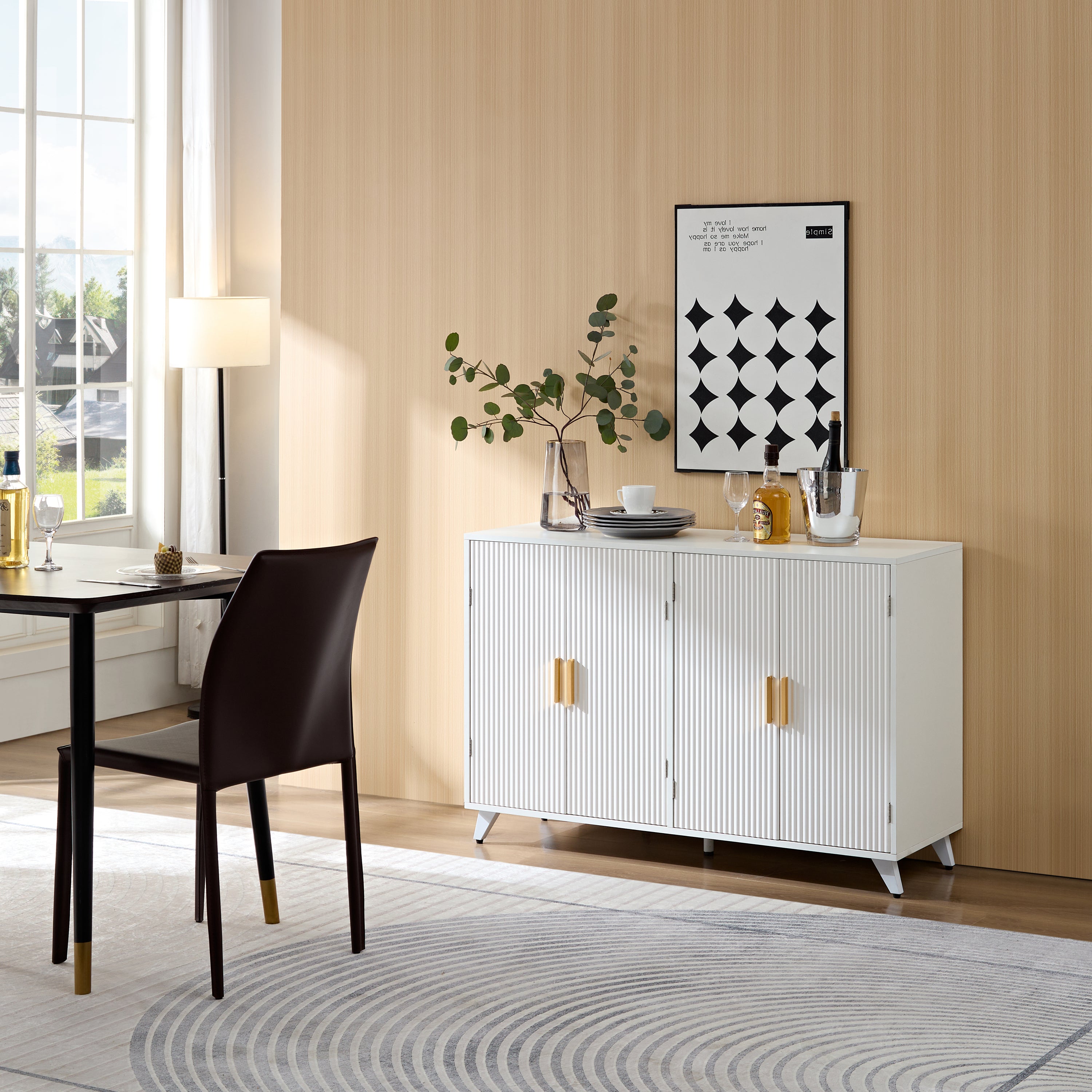 Ivory White Sideboard Buffet Cabinet | 4 Doors & Shelves