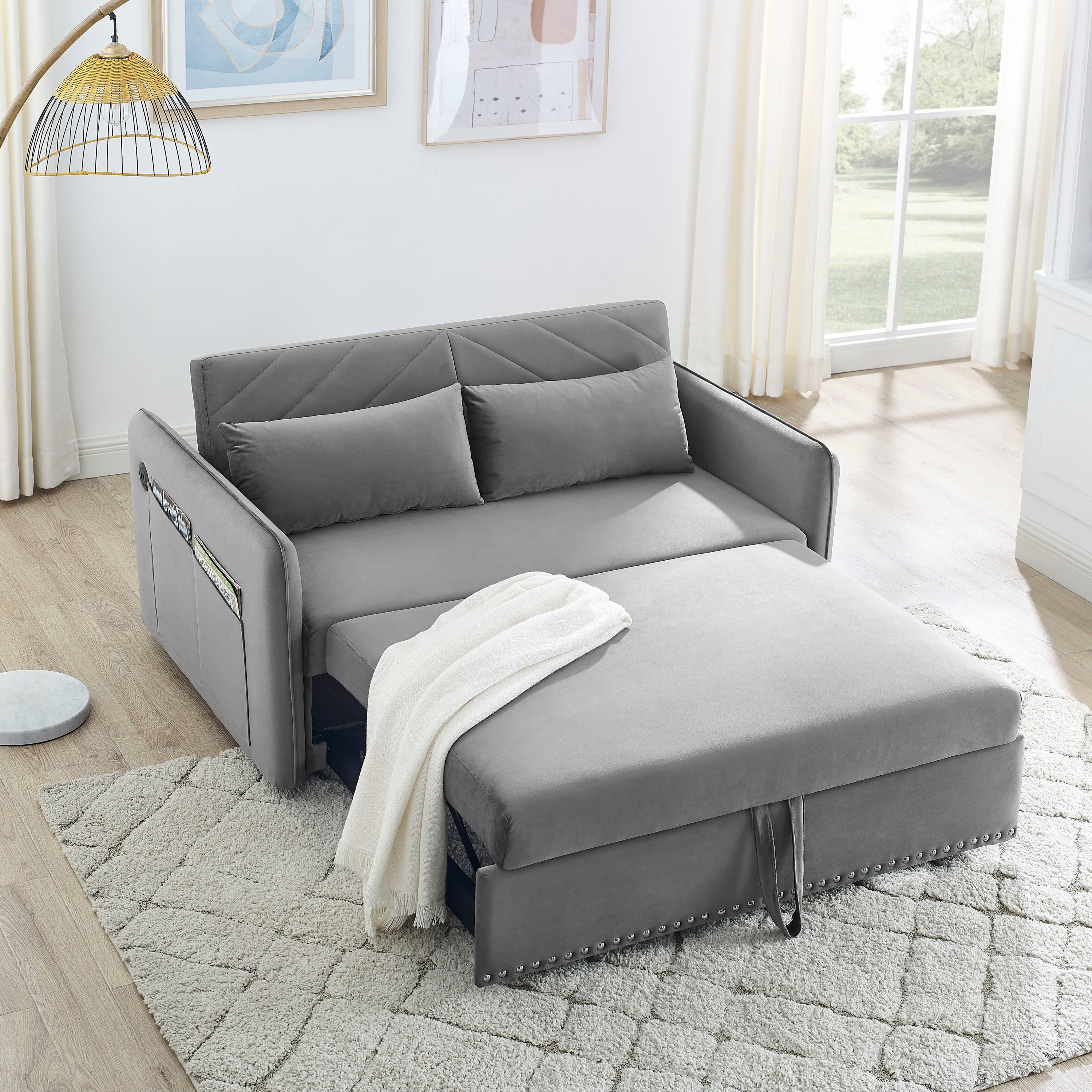 Velvet Sleeper Sofa Bed w/USB: 3-in-1