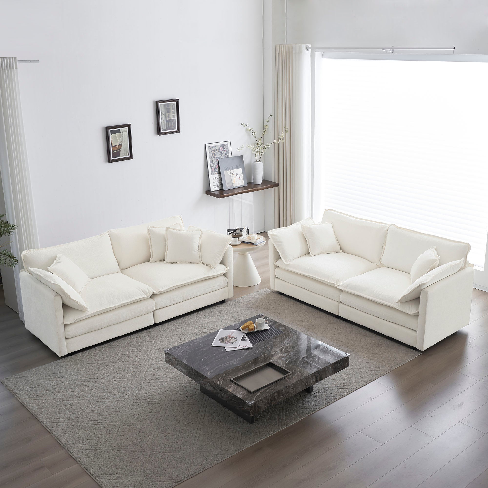 White Chenille 2-Piece Sofa Set for Living Room