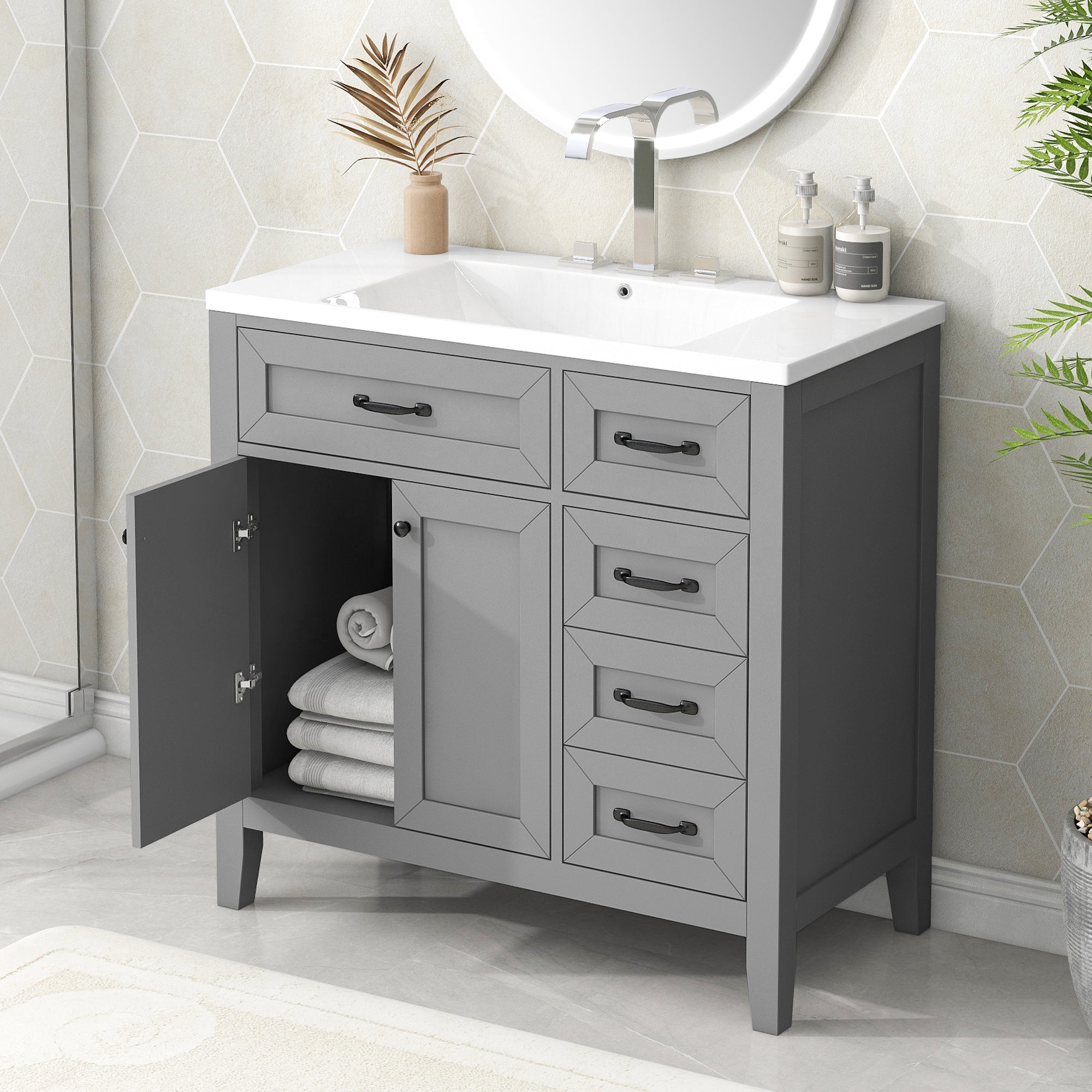Grey 36" Bathroom Vanity with Sink & Drawers