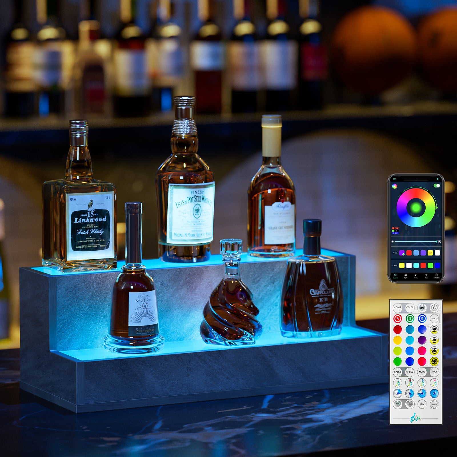 LED Liquor Bottle Shelf: 20" App-Controlled Display