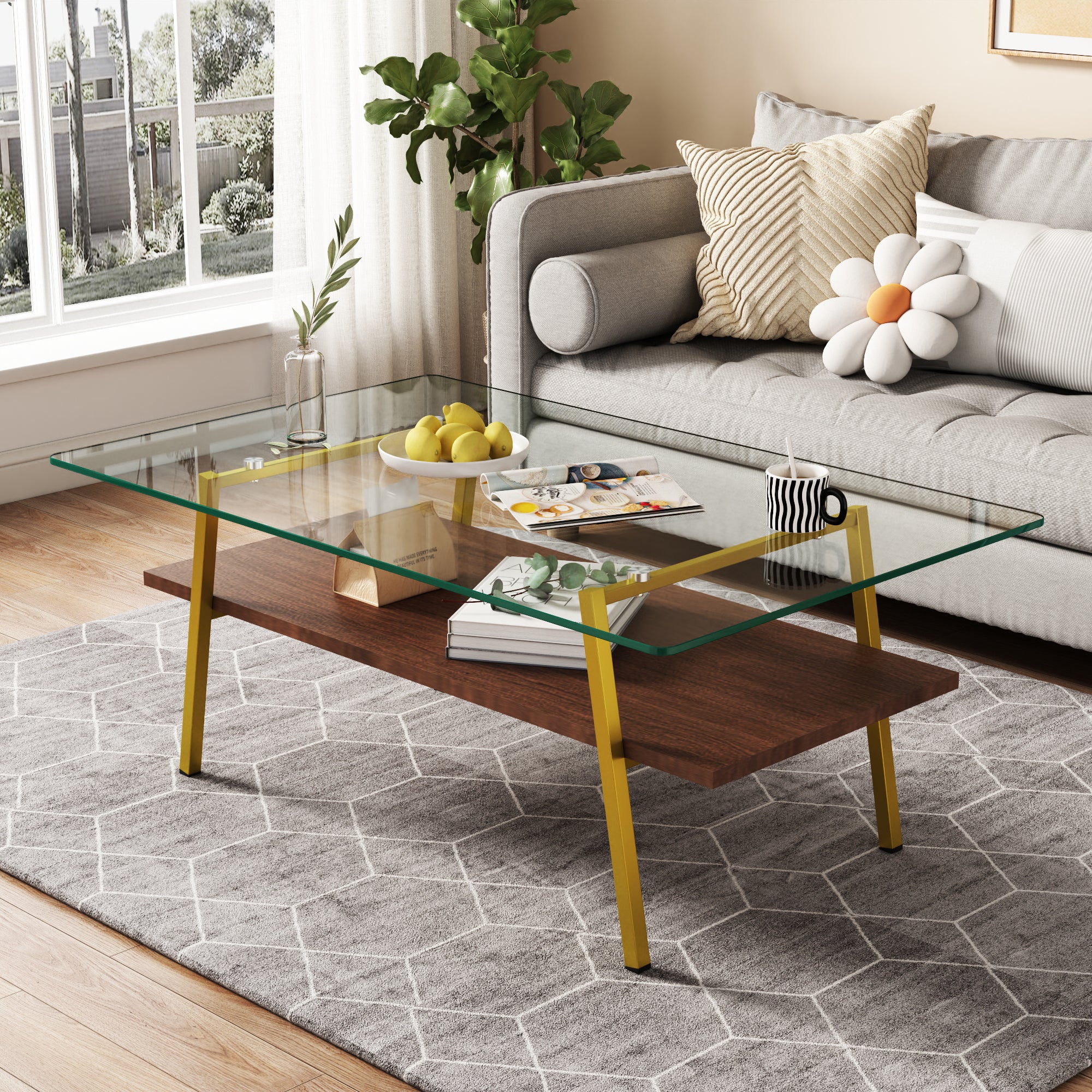 Modern Glass Coffee Table, Gold Legs, Rectangle Living Room Table