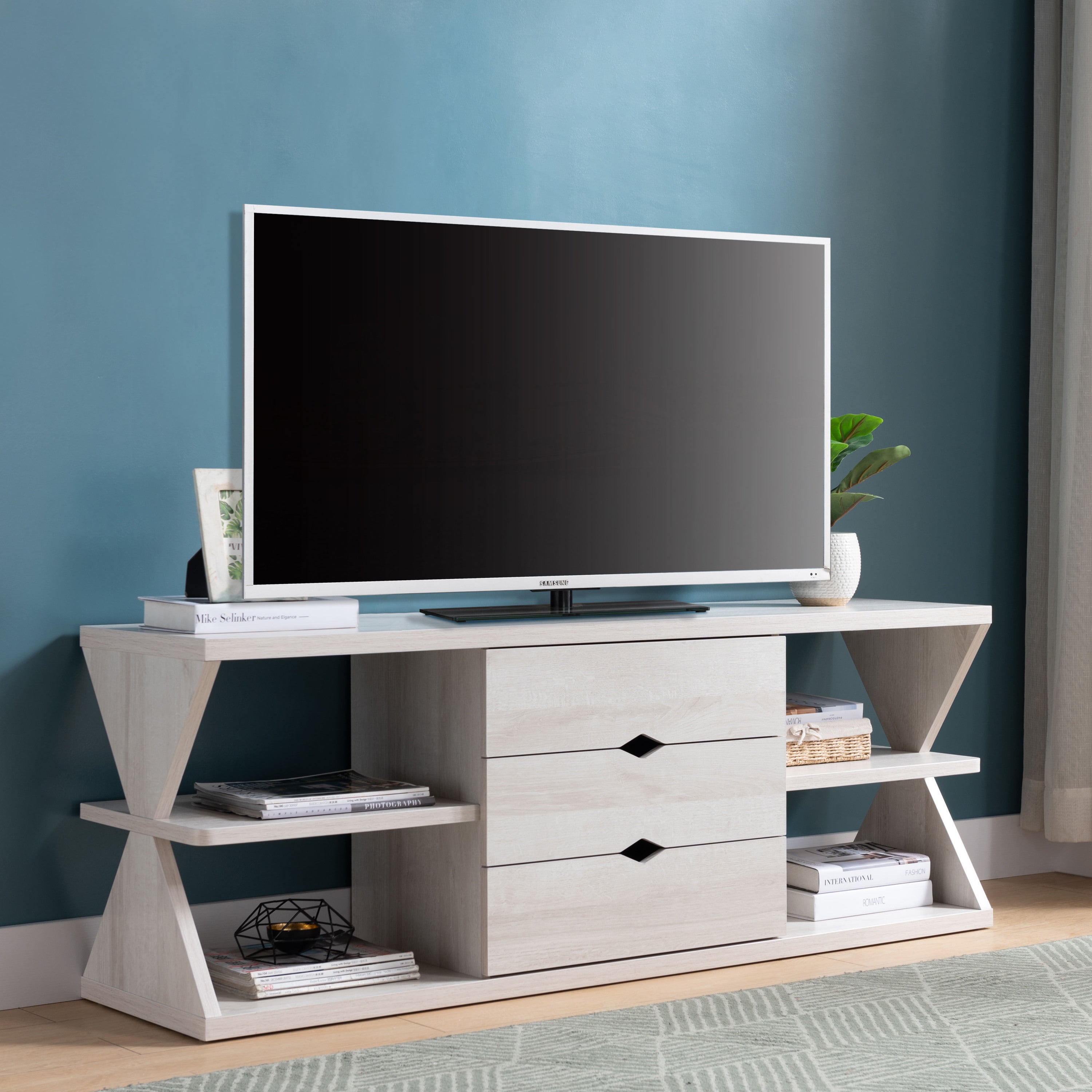 Modern White Oak TV Stand w/ Shelves & Drawers