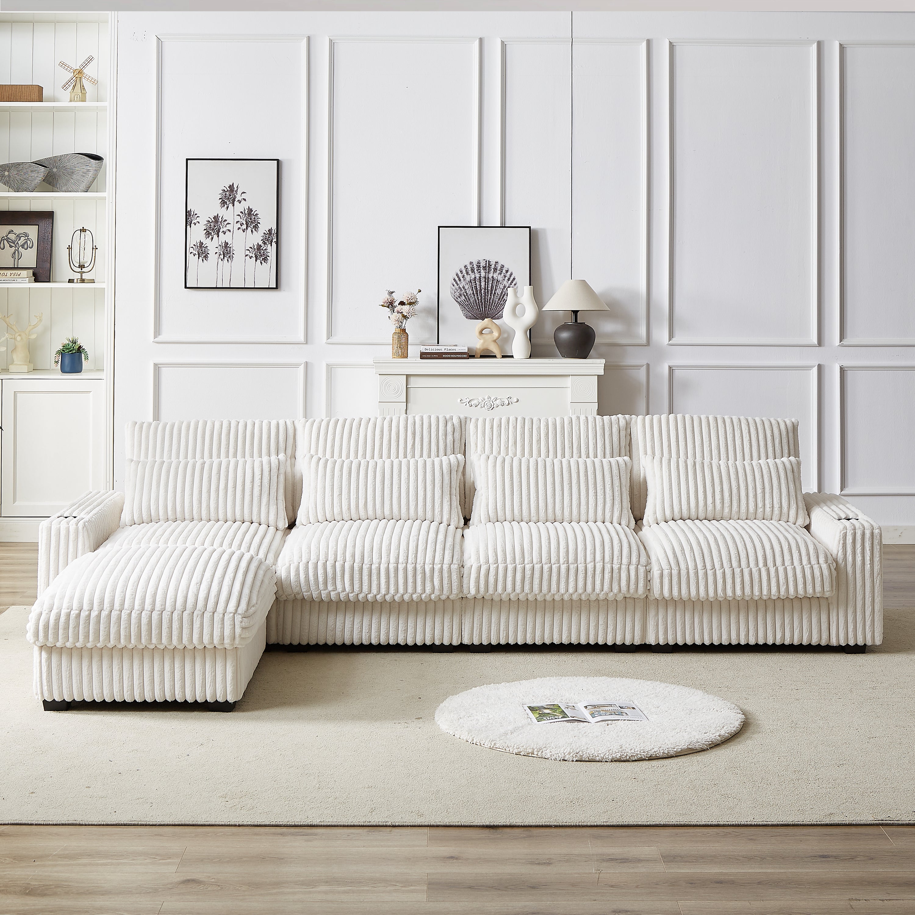 126" Corduroy L-Shaped Sofa w/ Cup Holder & USB