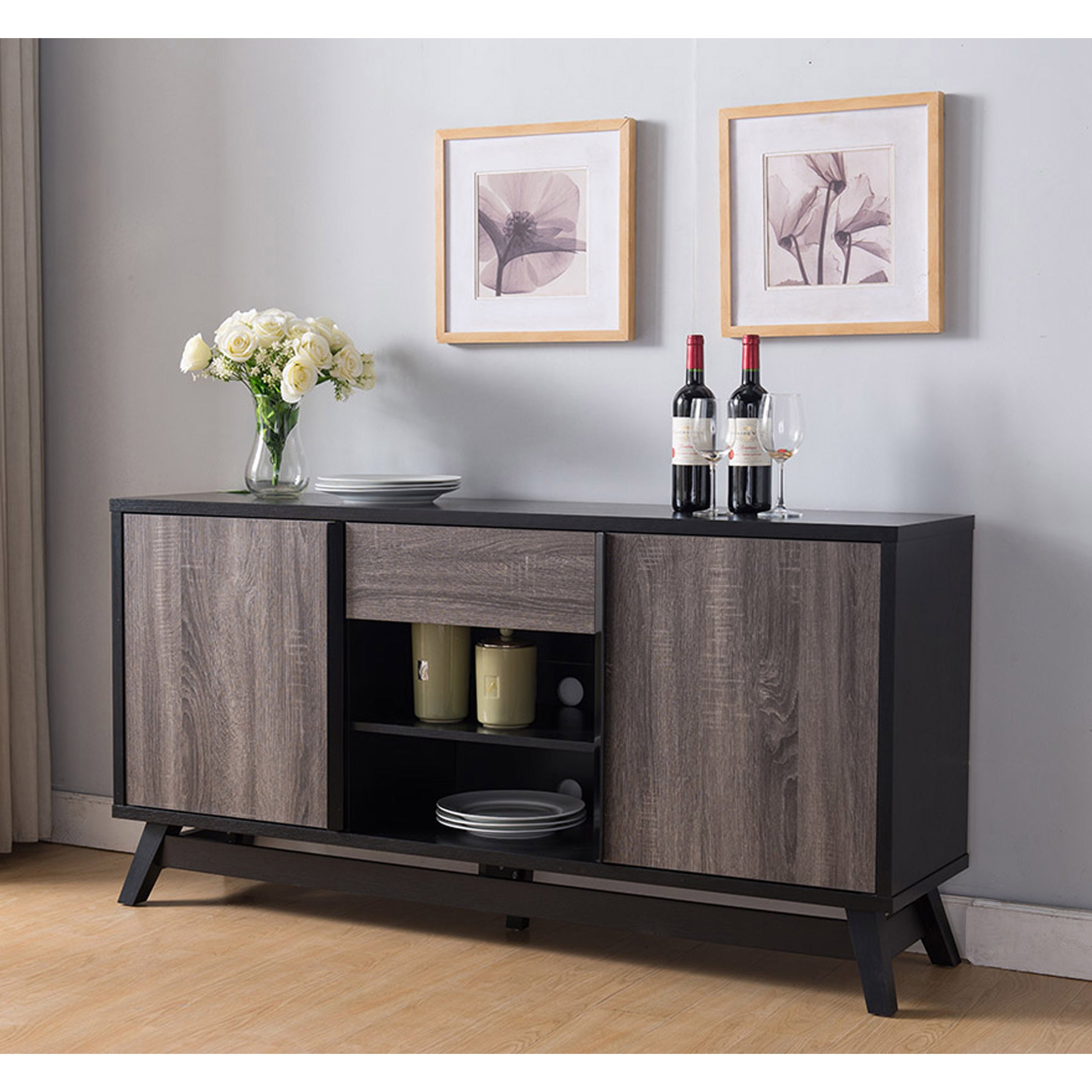 Black & Grey Sideboard TV Stand Buffet w/ Doors & Shelves