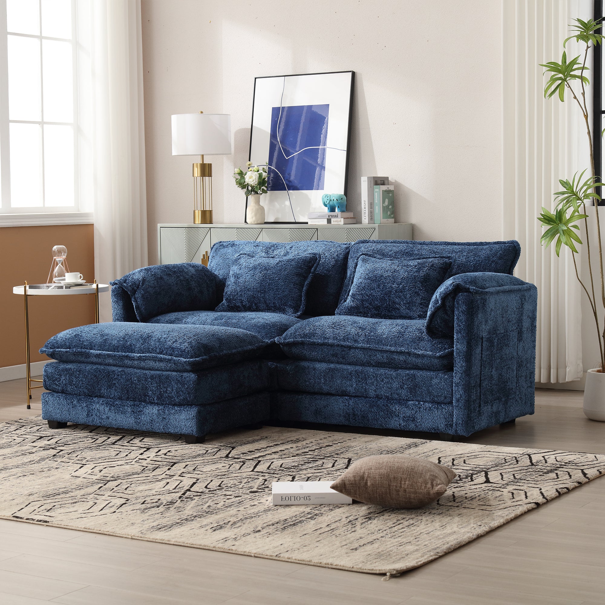 Oversized Double Sofa w/ Footstool, Chenille Fabric, Removable Armrests