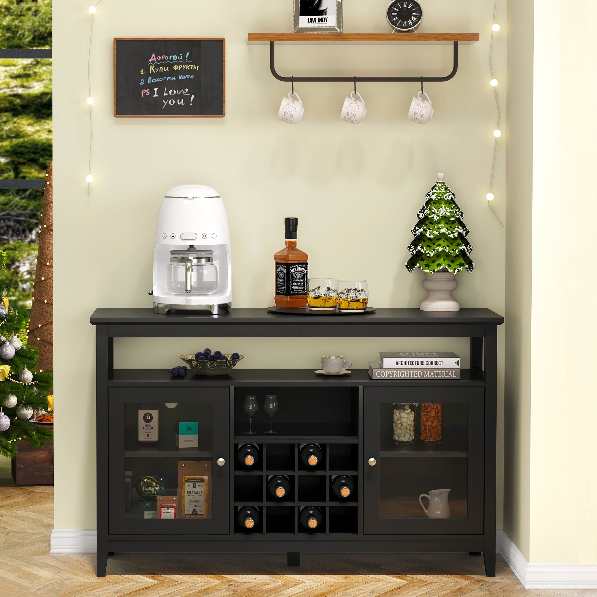 Black Buffet Cabinet: Glass Doors & Storage