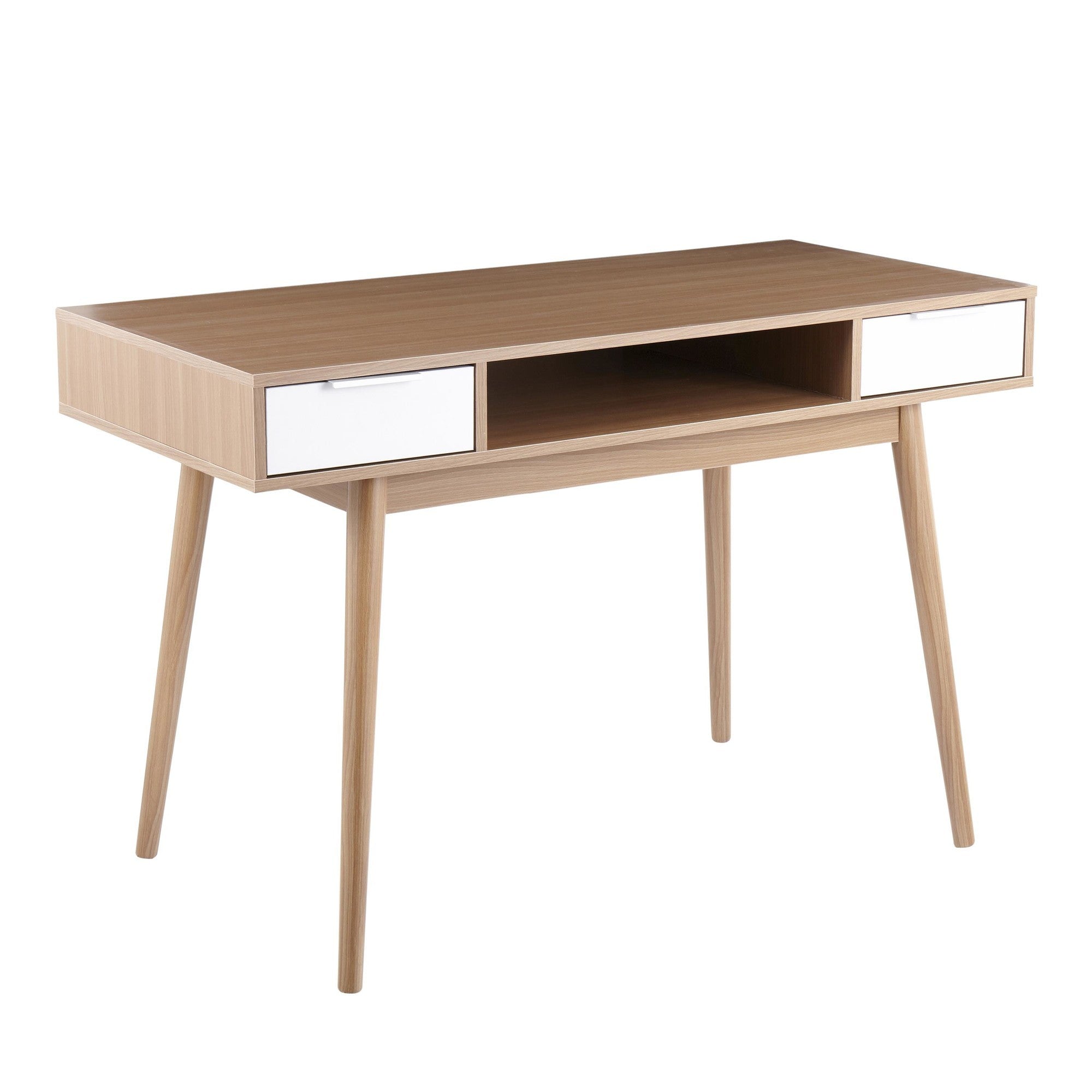 LumiSource Pebble Double Desk, Natural Wood/White Drawers