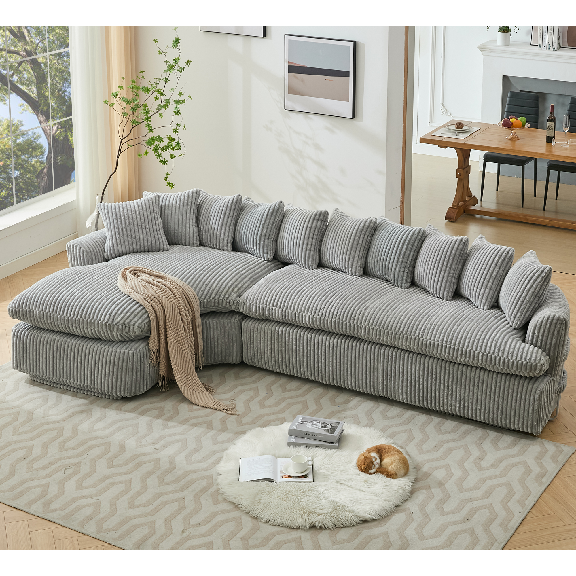 127'' L-Shaped Sectional Sofa: Gray Corduroy