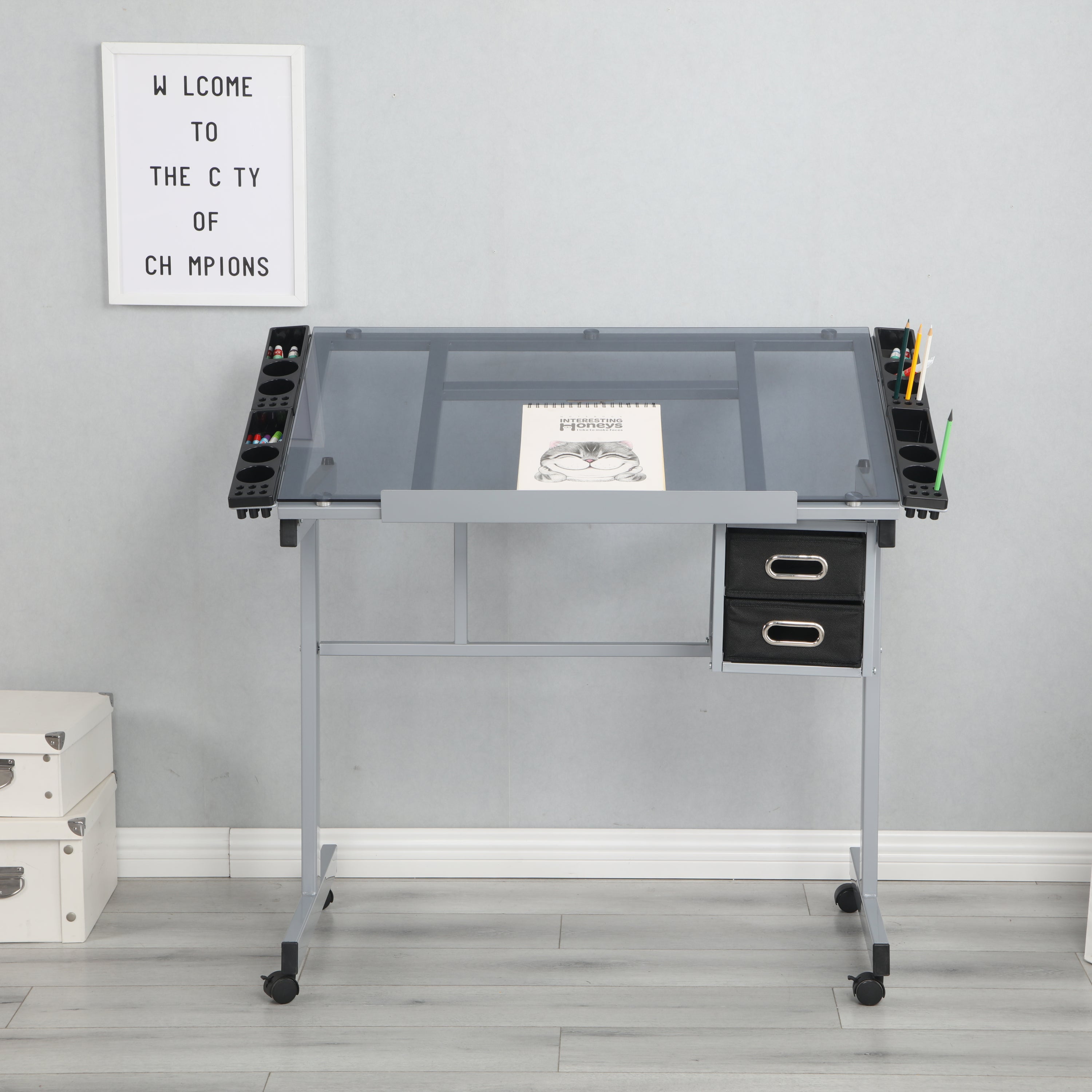 Adjustable Art Drawing Desk with Drawers & Wheels
