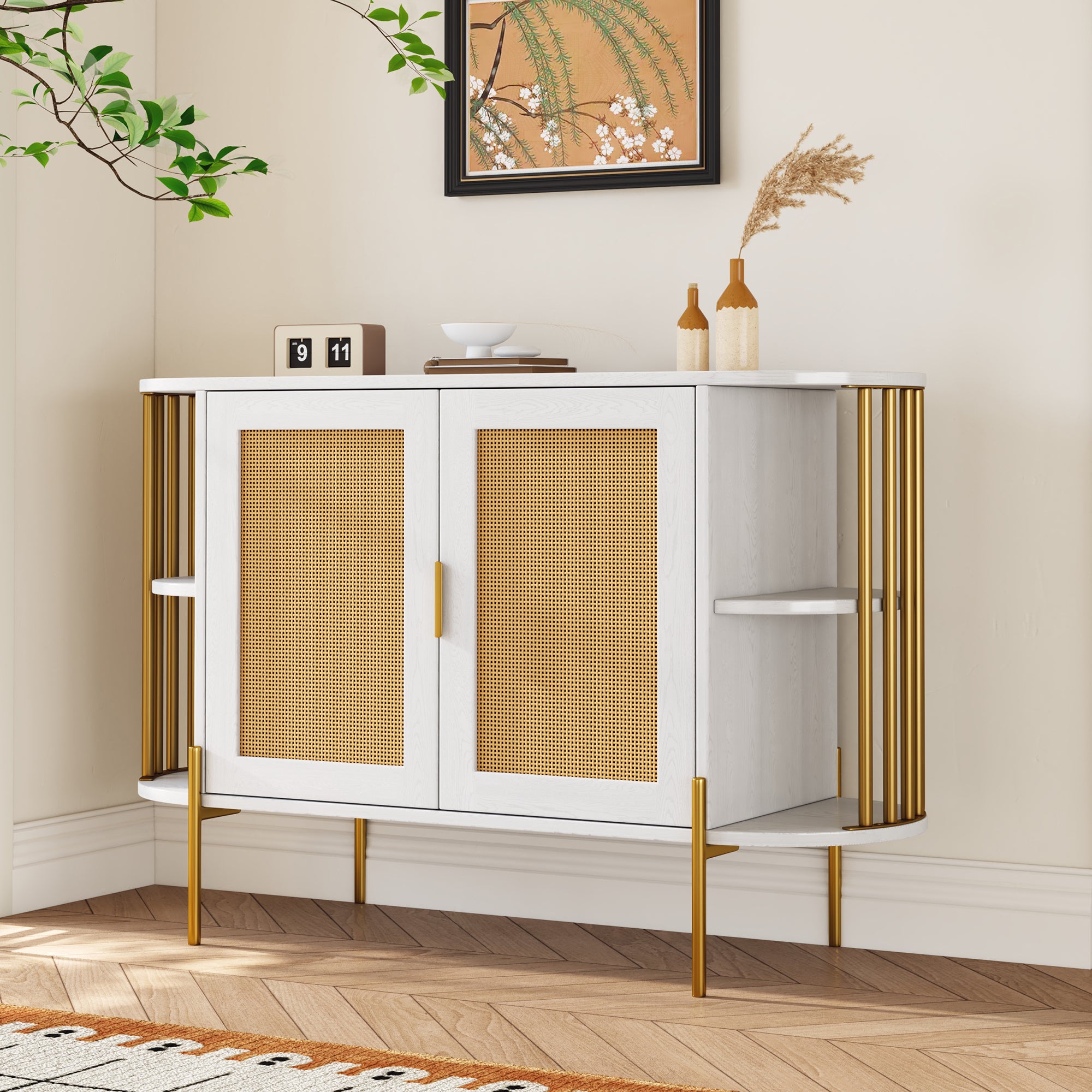 Elegant Curved Dining Cabinet: Gold Trim Detail