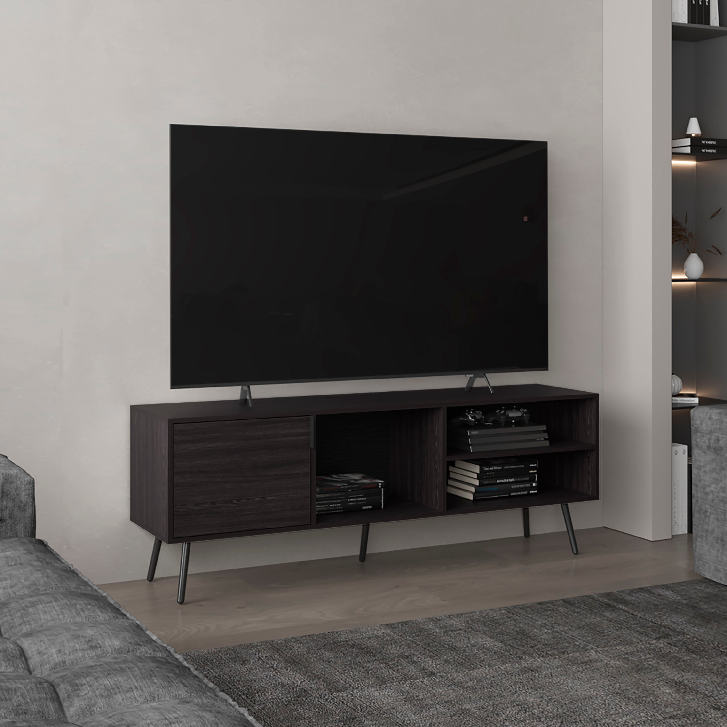 Vulcan 63" TV Stand w/ Cabinet & Shelves - Black Wengue