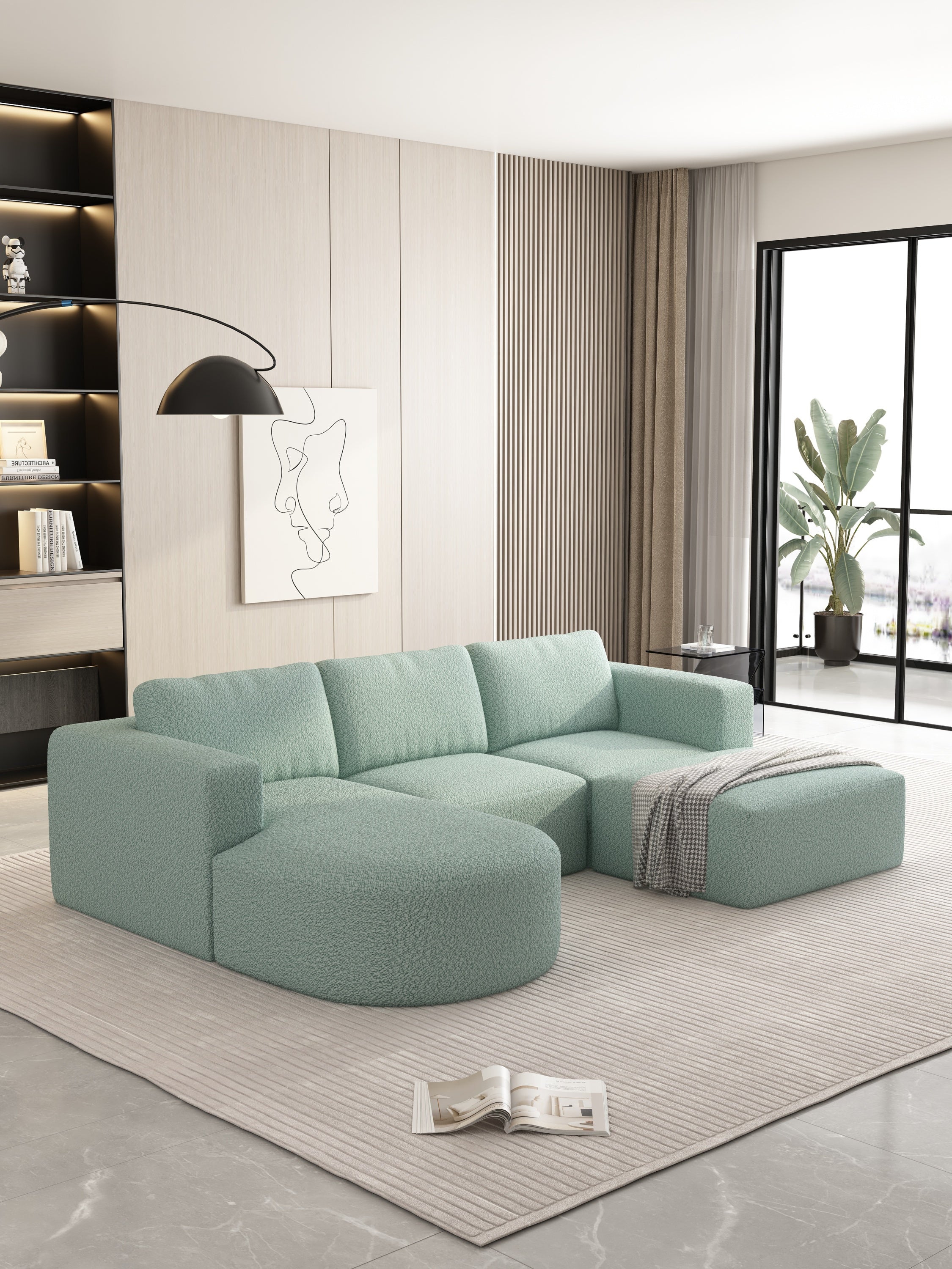 Modular Sectional Sofa Bed w/ Chaise & Ottoman - Light Green