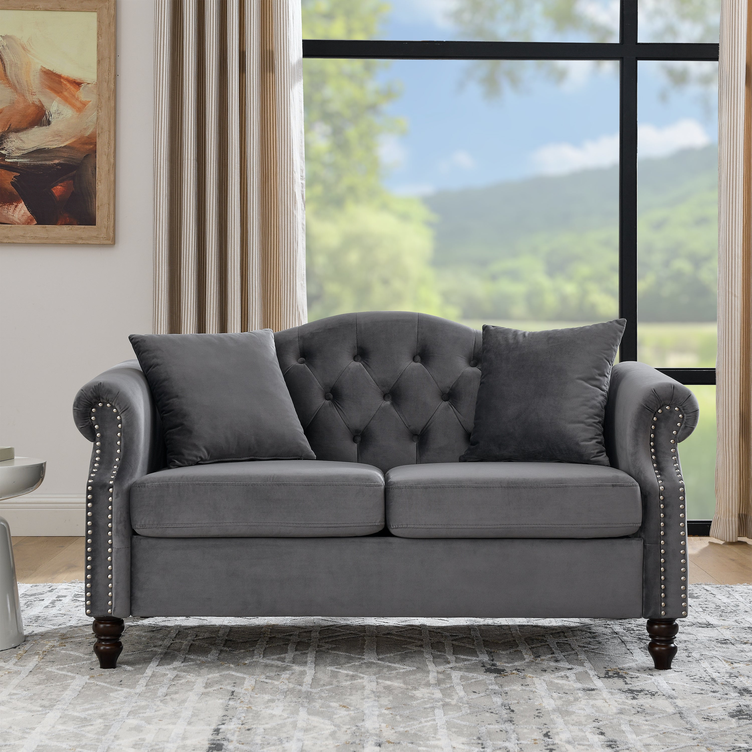 Grey Velvet Chesterfield Sofa: 2 Seater Tufted Couch