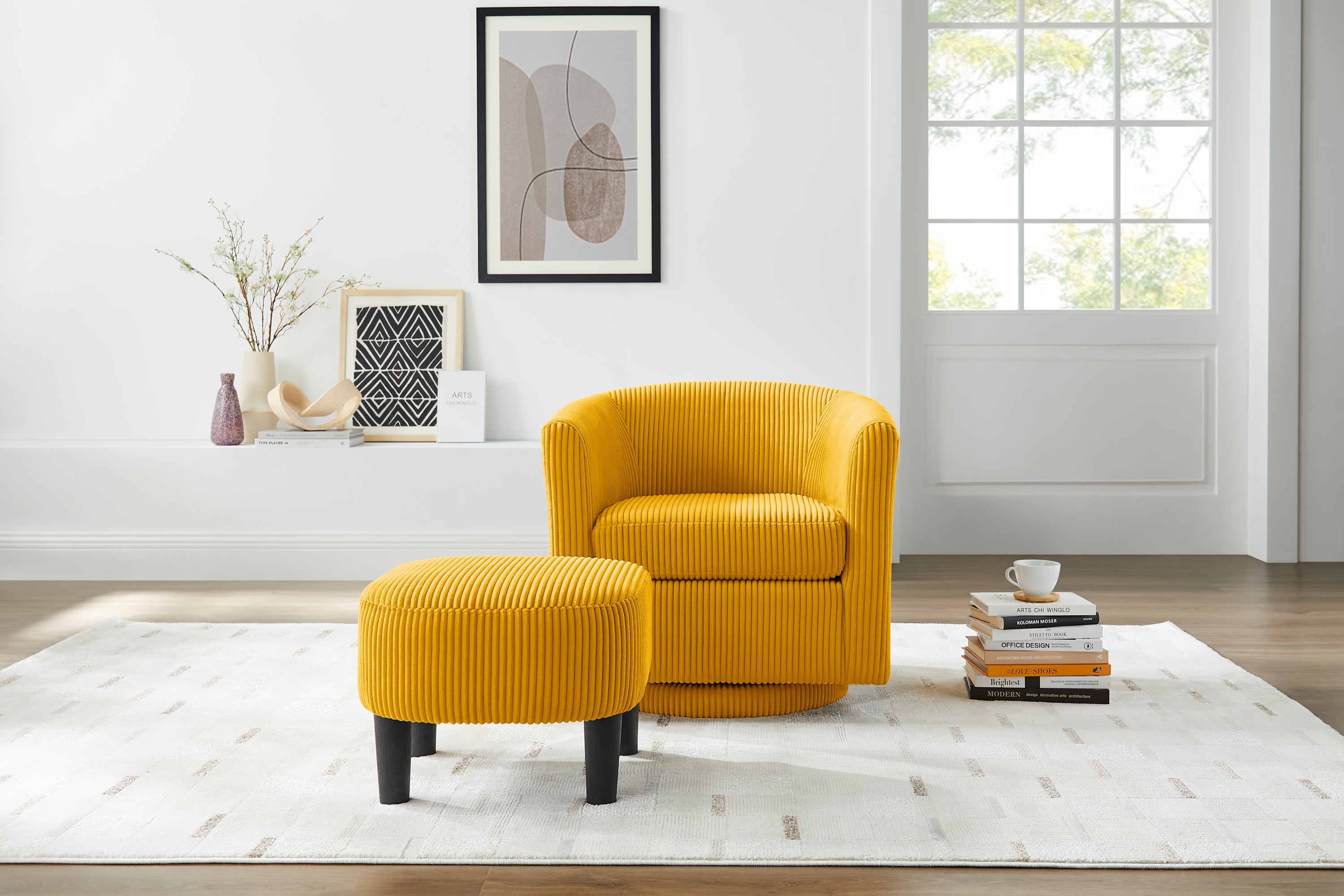 Swivel Accent Chair w/ Ottoman | Comfy Corduroy Recliner (Yellow)