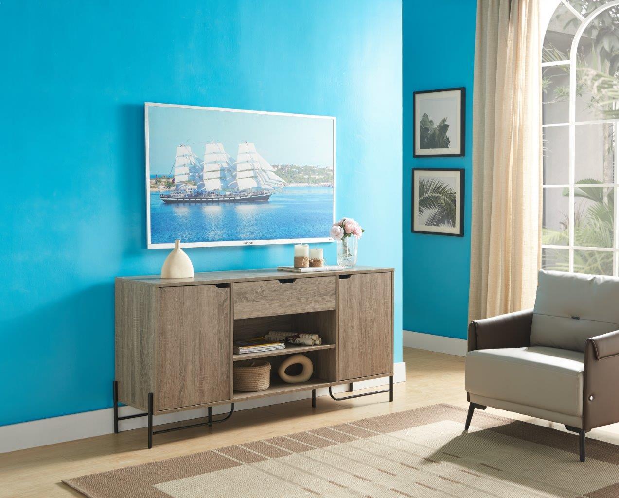 Brown & Black Buffet with Metal Legs, 2 Doors, 1 Drawer, 6 Shelves