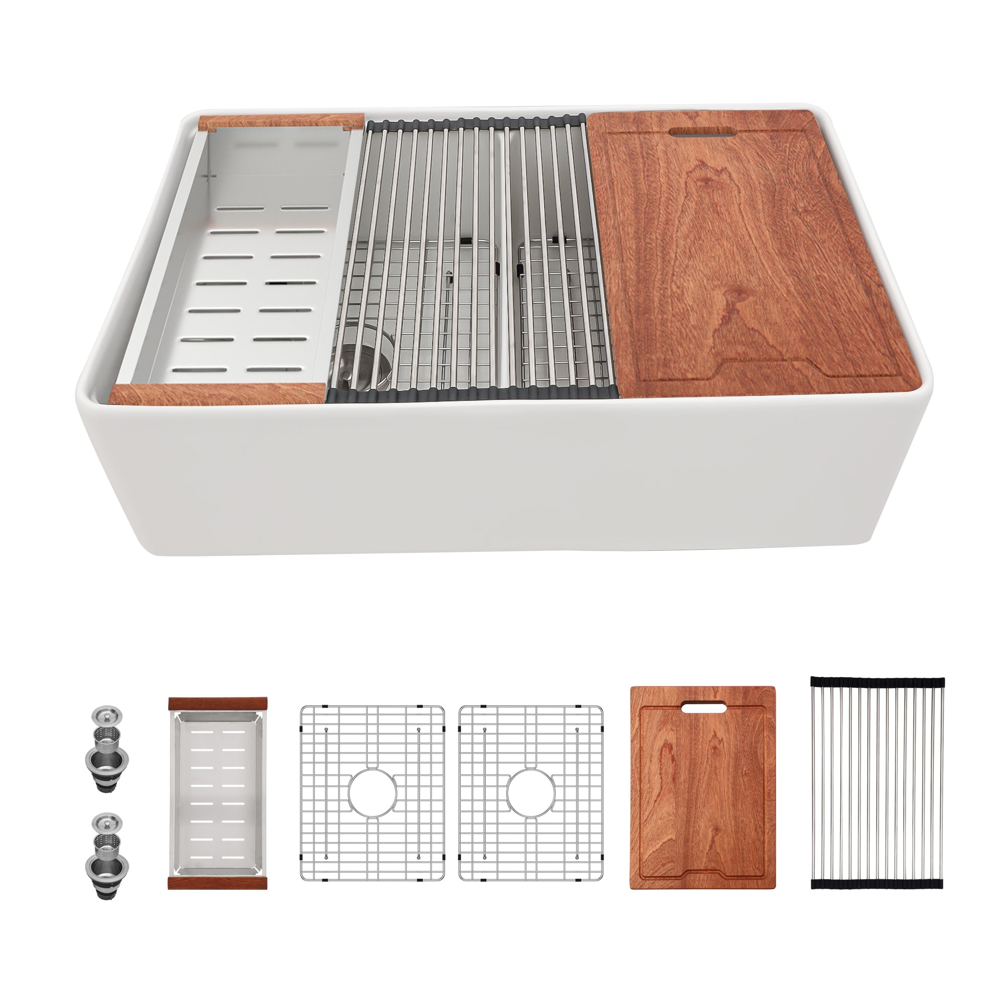 33" White Farmhouse Double Sink Workstation