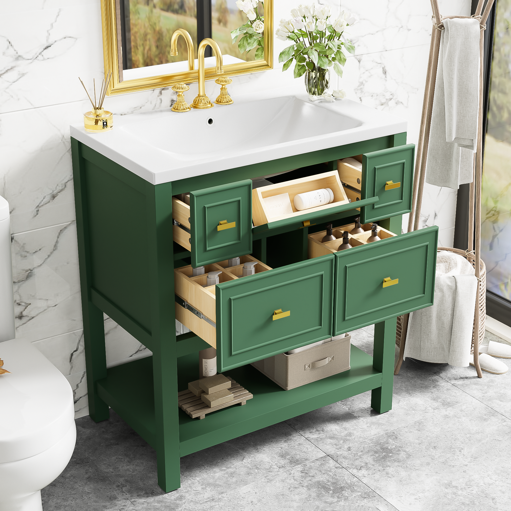 30" Green Vanity with Resin Sink & 5 Drawers