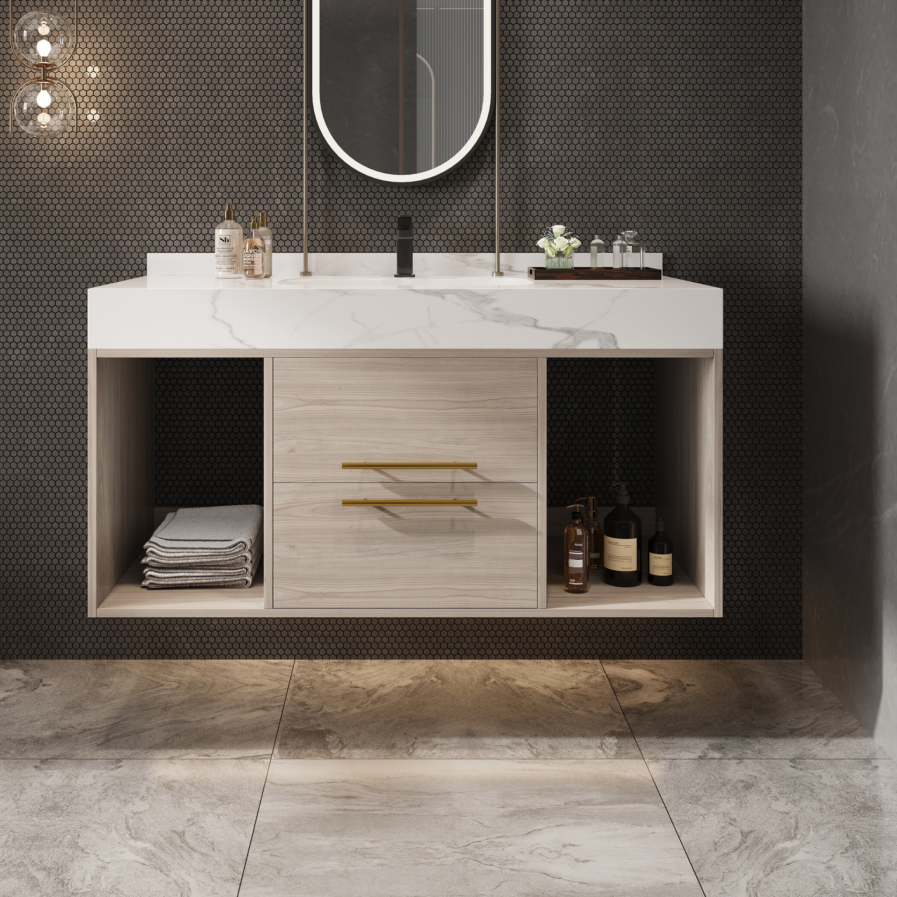 39.4" Floating Vanity: Ceramic Sink, White Top