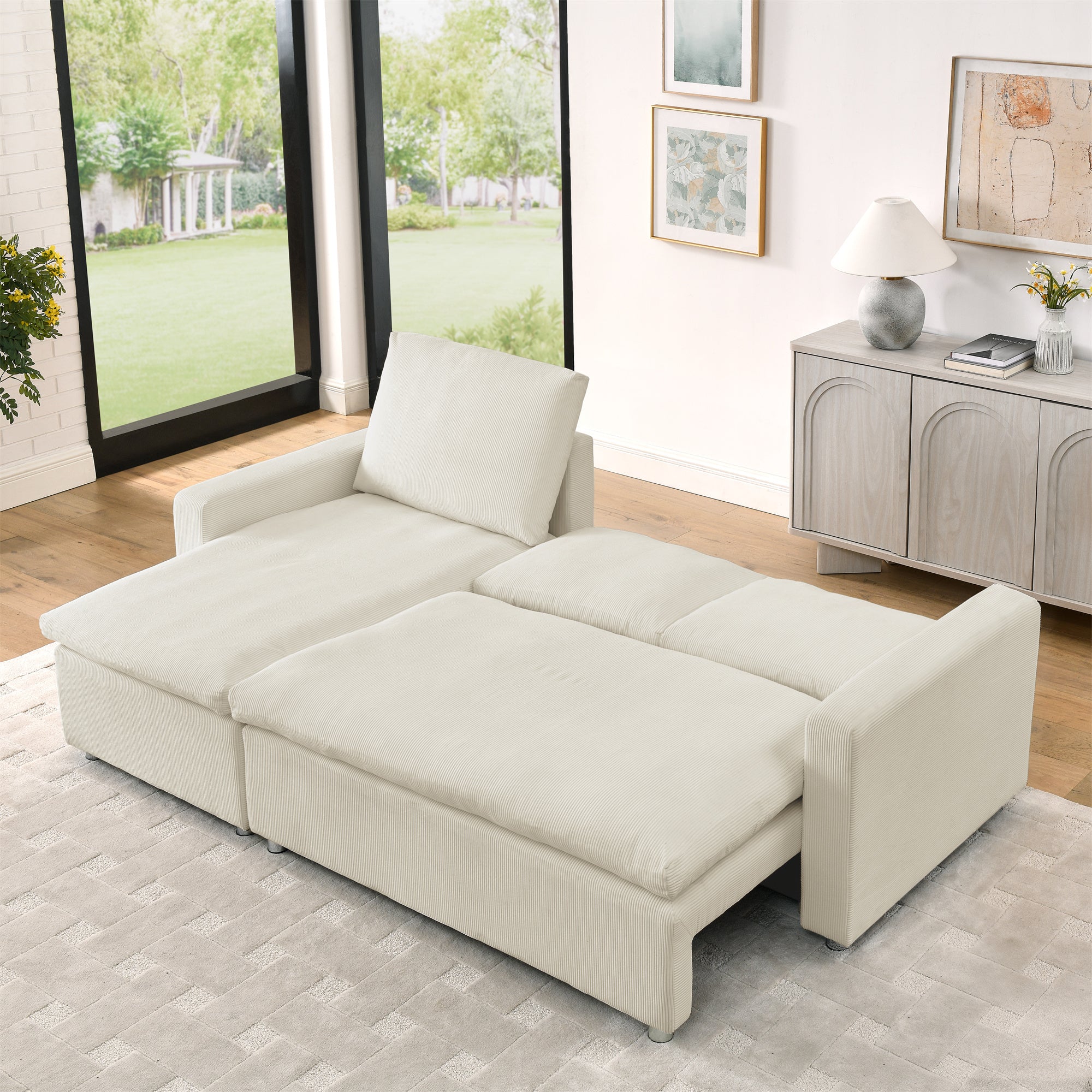 Beige Corduroy L-Shaped Sleeper Sofa with Storage