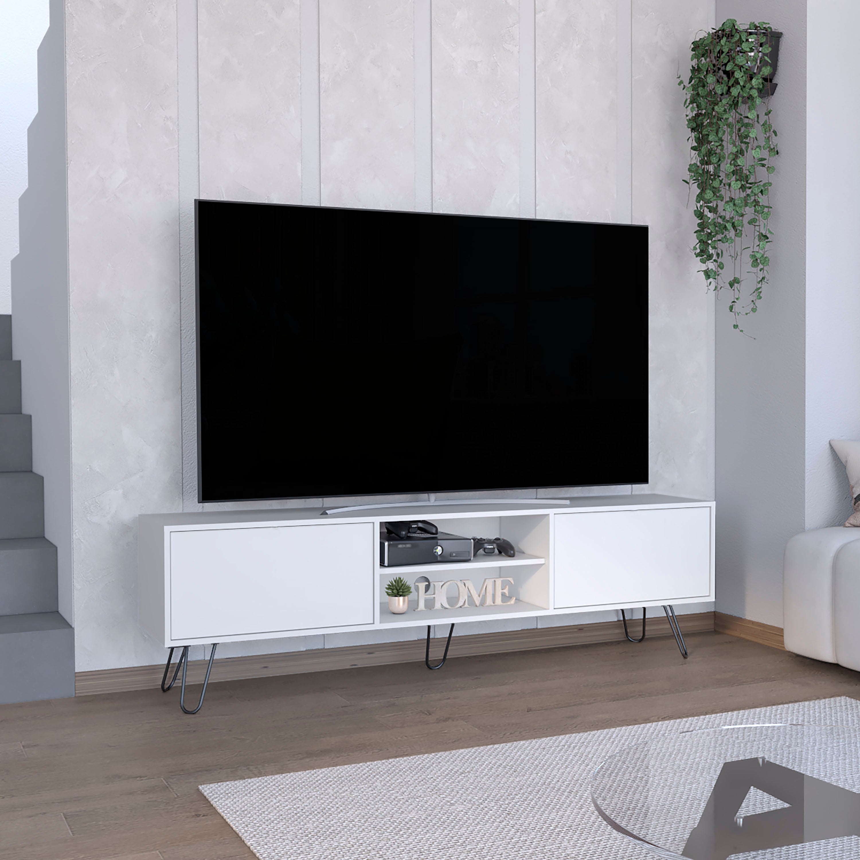 Waco White TV Stand, Hairpin Legs, Storage & Cable Management