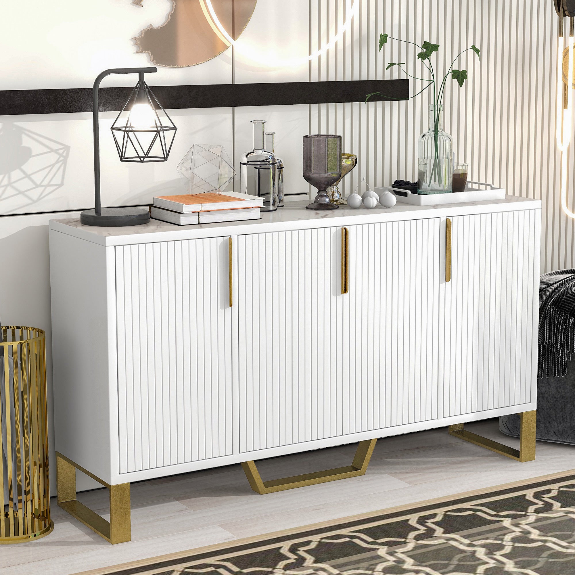 Modern White Sideboard: 4 Doors, Metal Legs