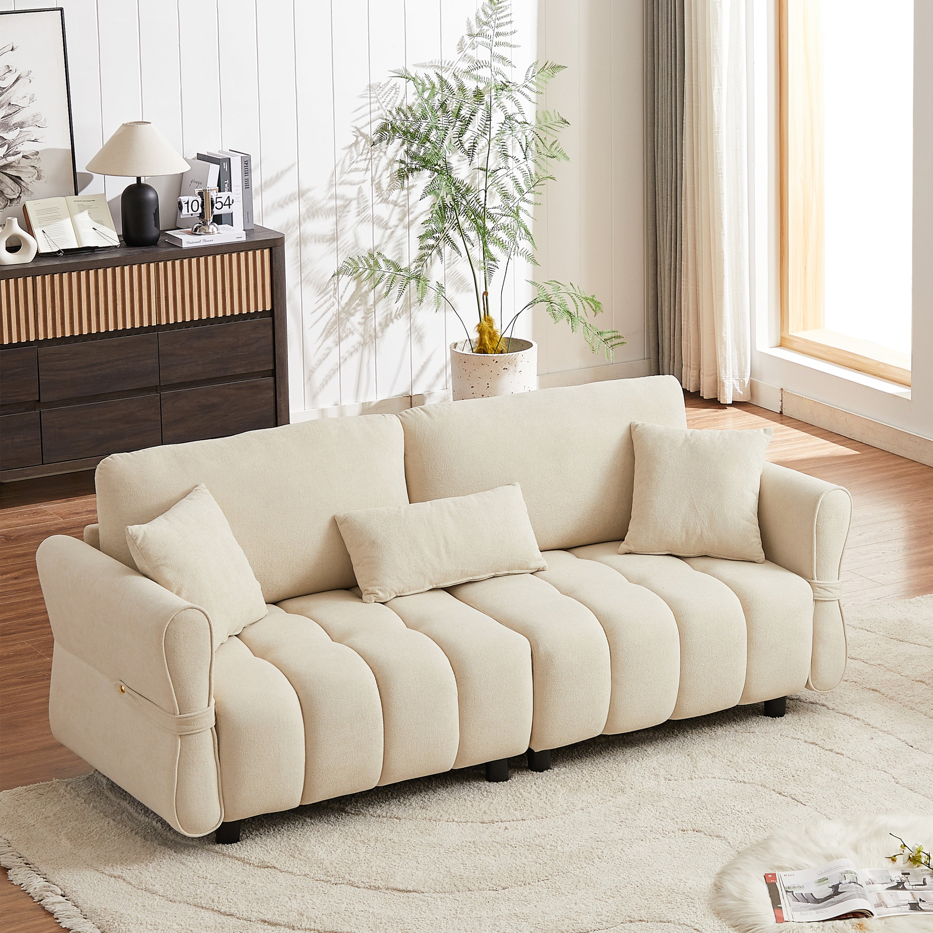 Beige Chenille Sofa: 80" 3-Seater with Pillows