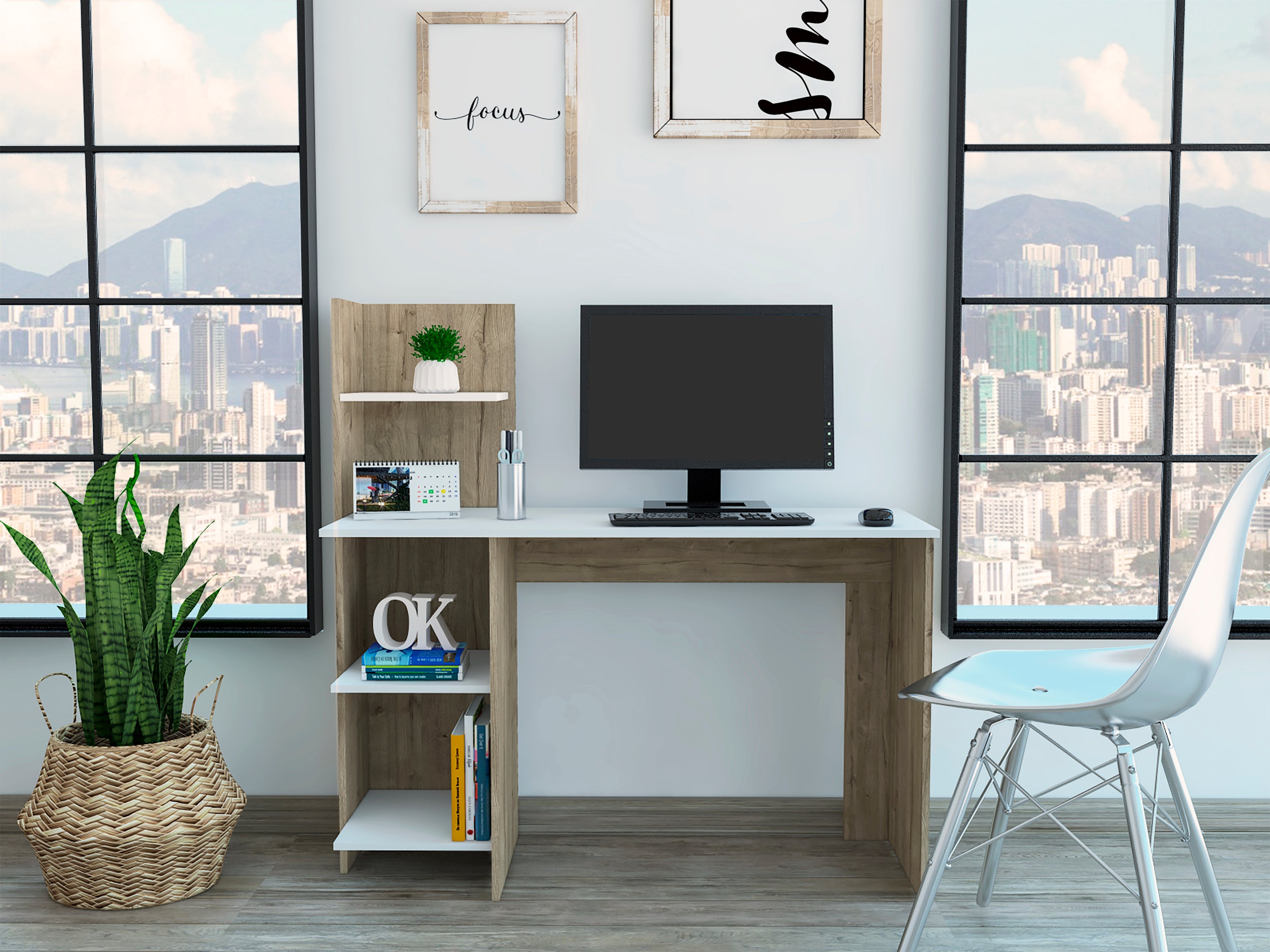 White & Pine 4-Shelf Writing Desk | Home Office Desk