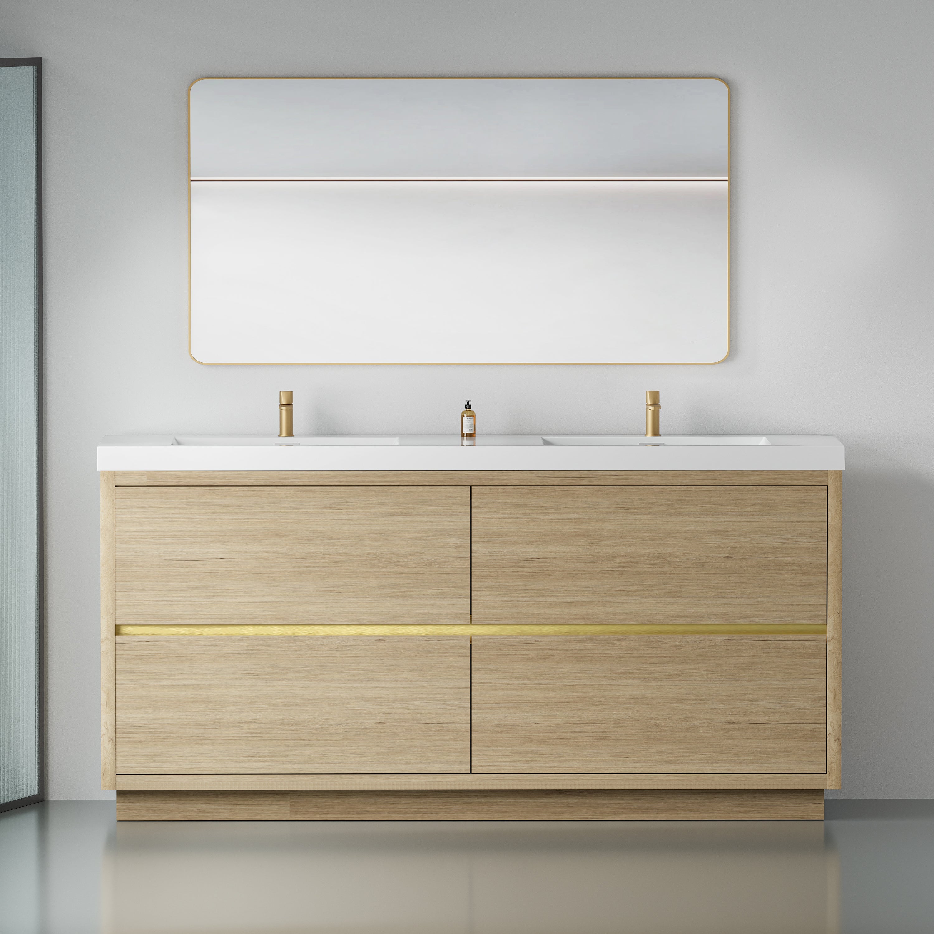 72" Double Sink Vanity: Oak, Stone Top, Soft Close