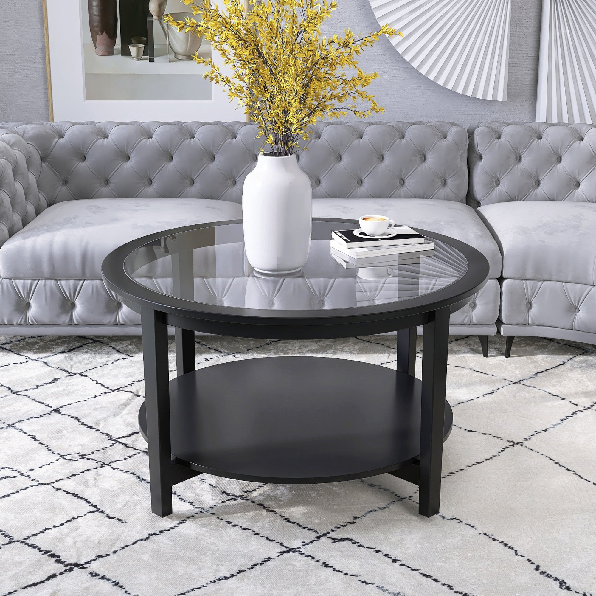 Round Wood Coffee Table w/ Storage | Black