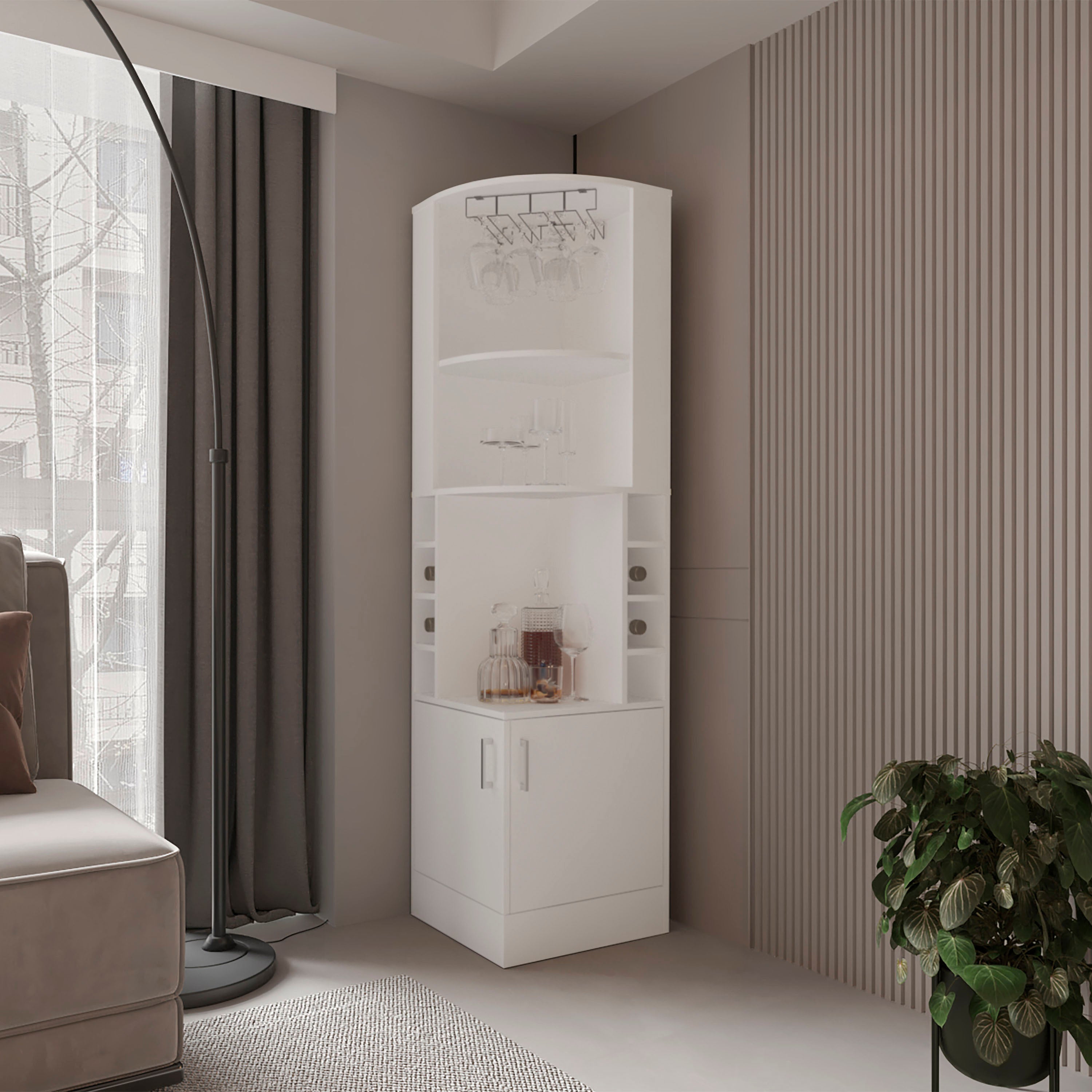 White Corner Bar Cabinet: Wine Storage & Glass Rack