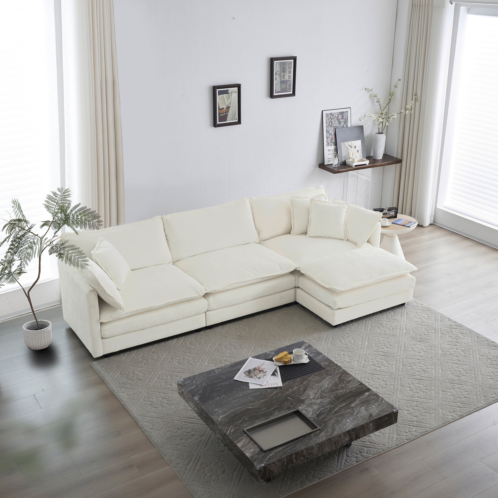 White Chenille Modular Sectional Sofa w/ Ottoman