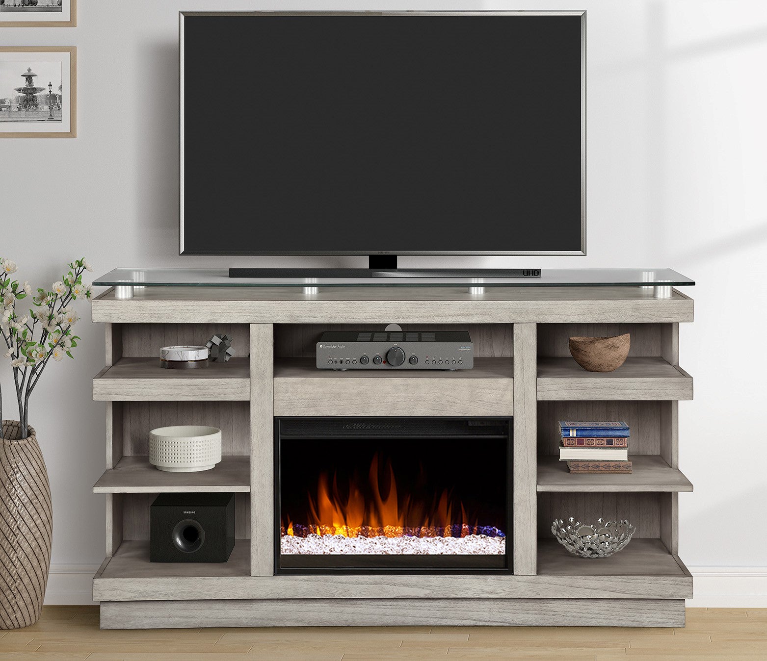 65 inch Fireplace TV Stand, for TVs up to 75 inches, Sandstone Finish
