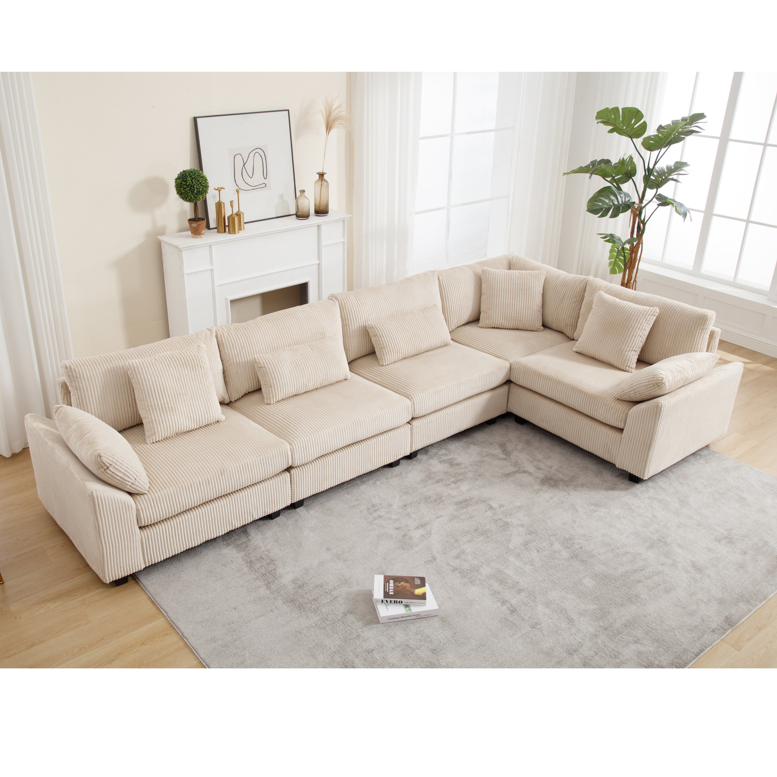 Oversized Modular Corduroy Sectional Sofa (Beige)