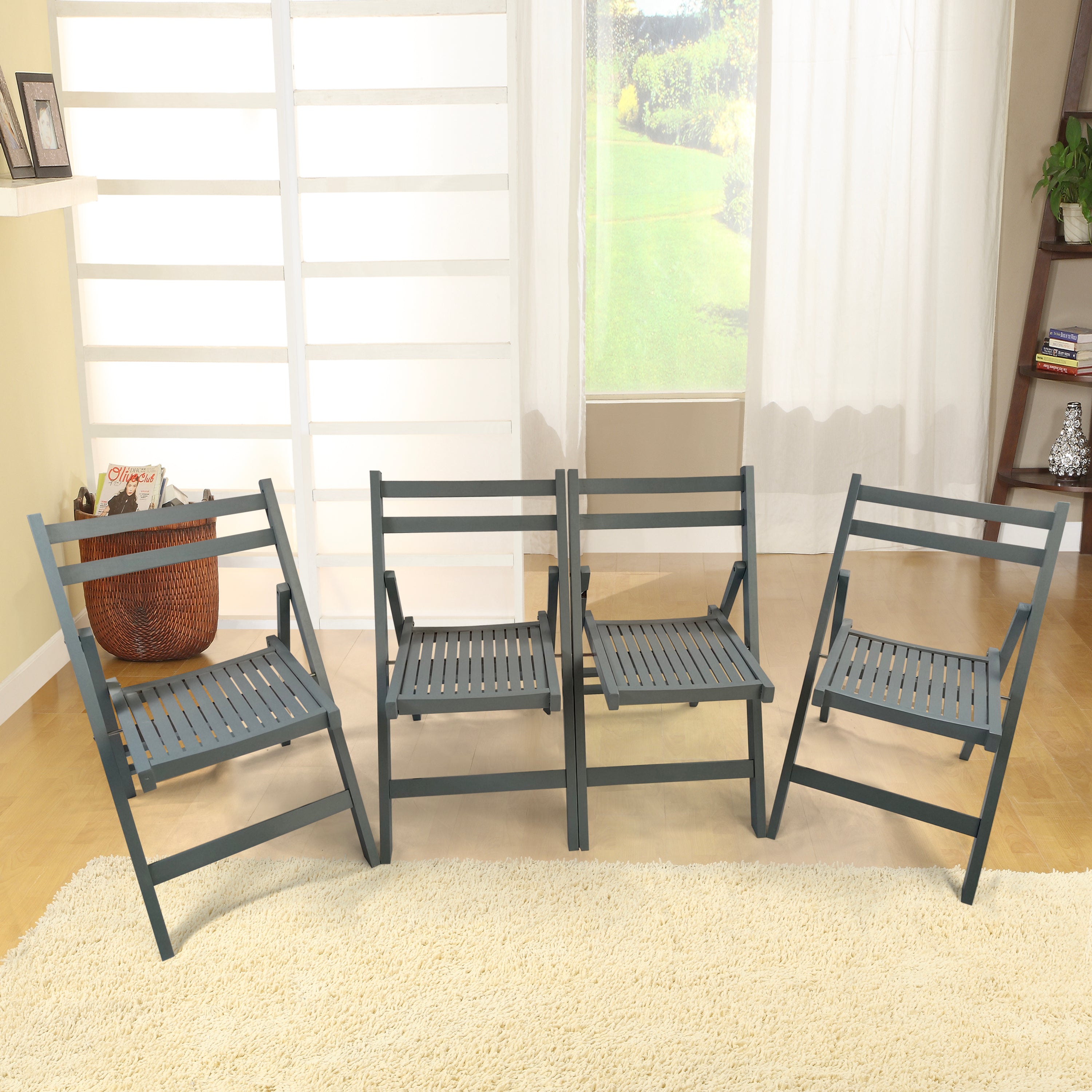 Gray Slatted Wood Folding Chairs (Set of 4)