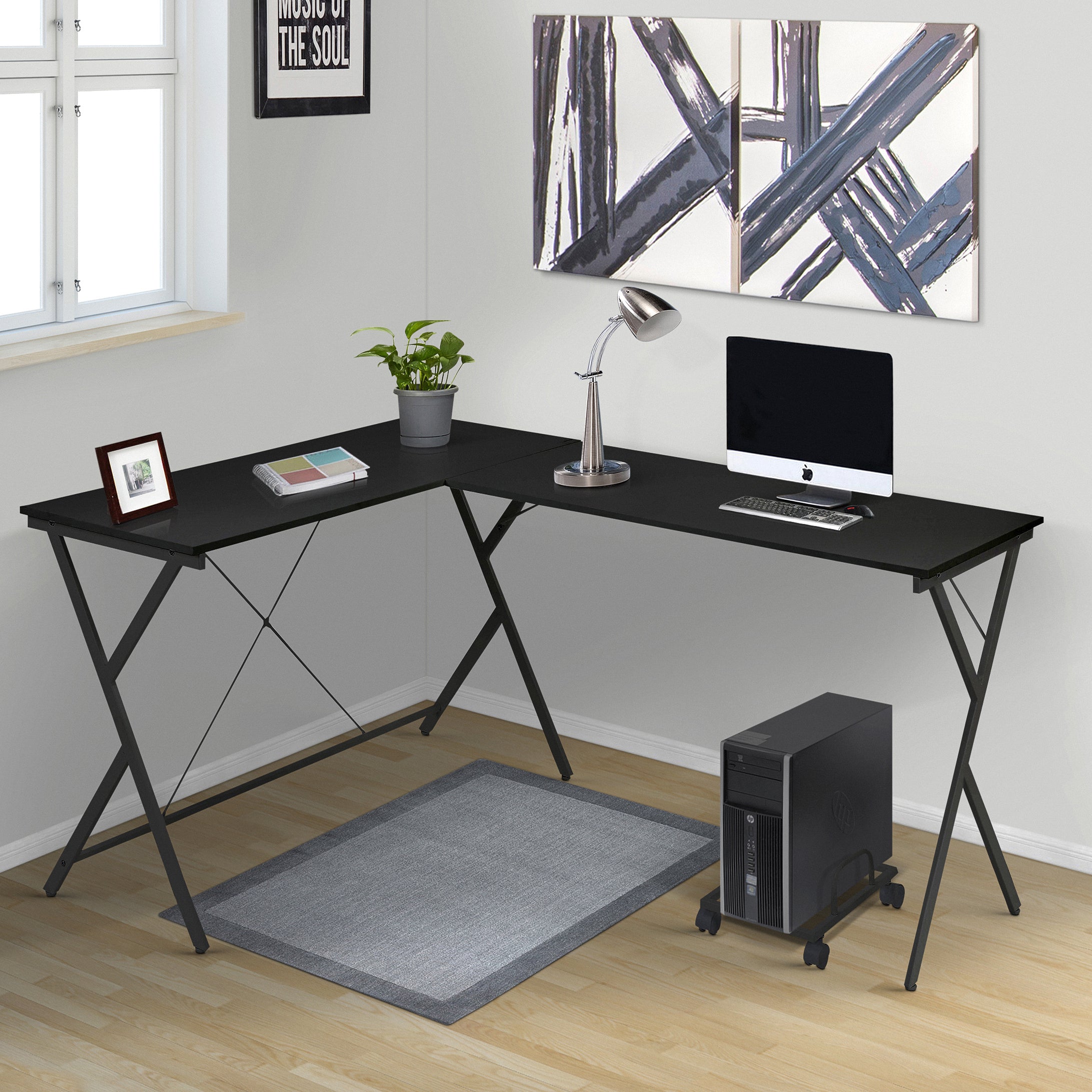 Black L-Shaped Computer Desk w/ CPU Holder