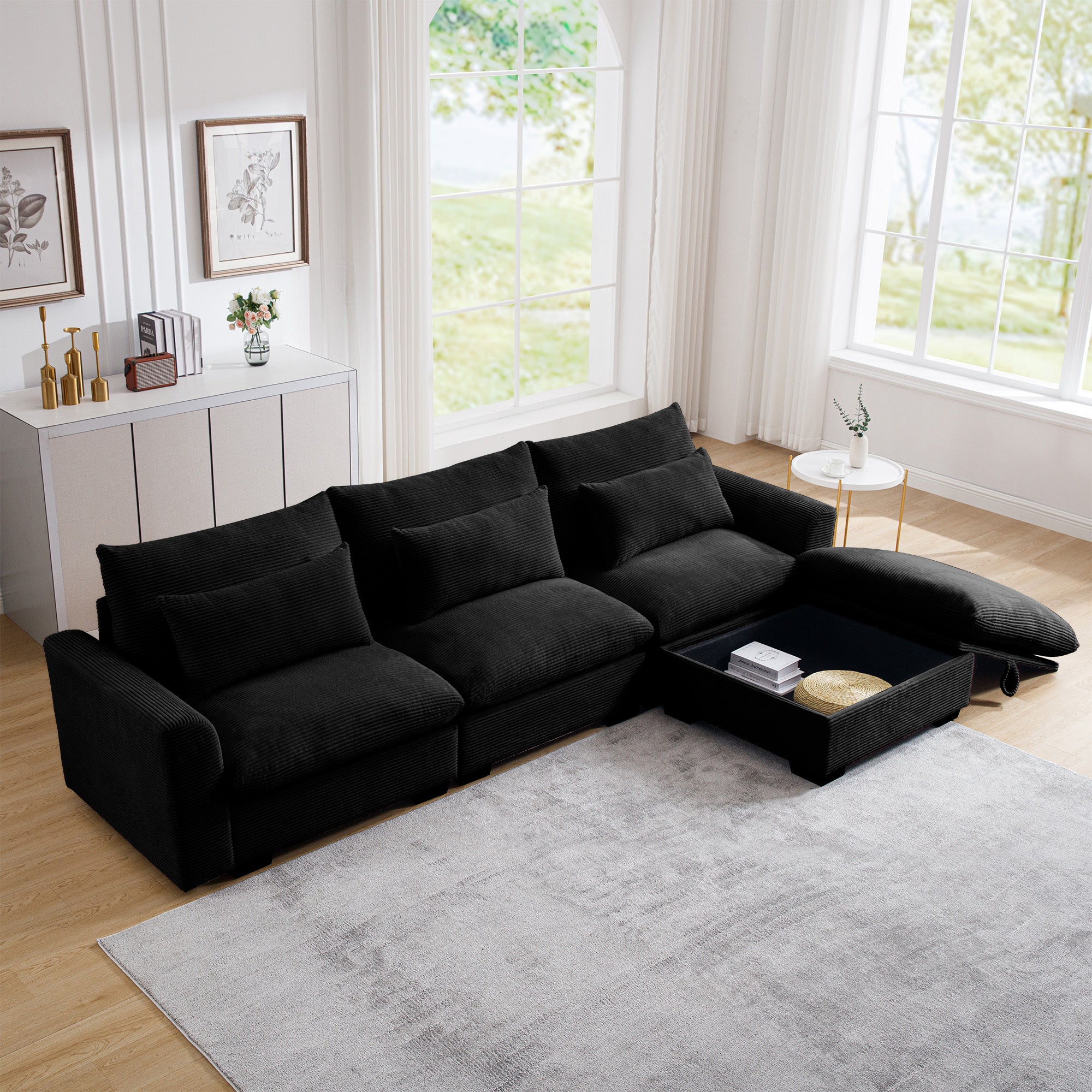 Black Corduroy L-Shaped Sectional Sofa with Storage