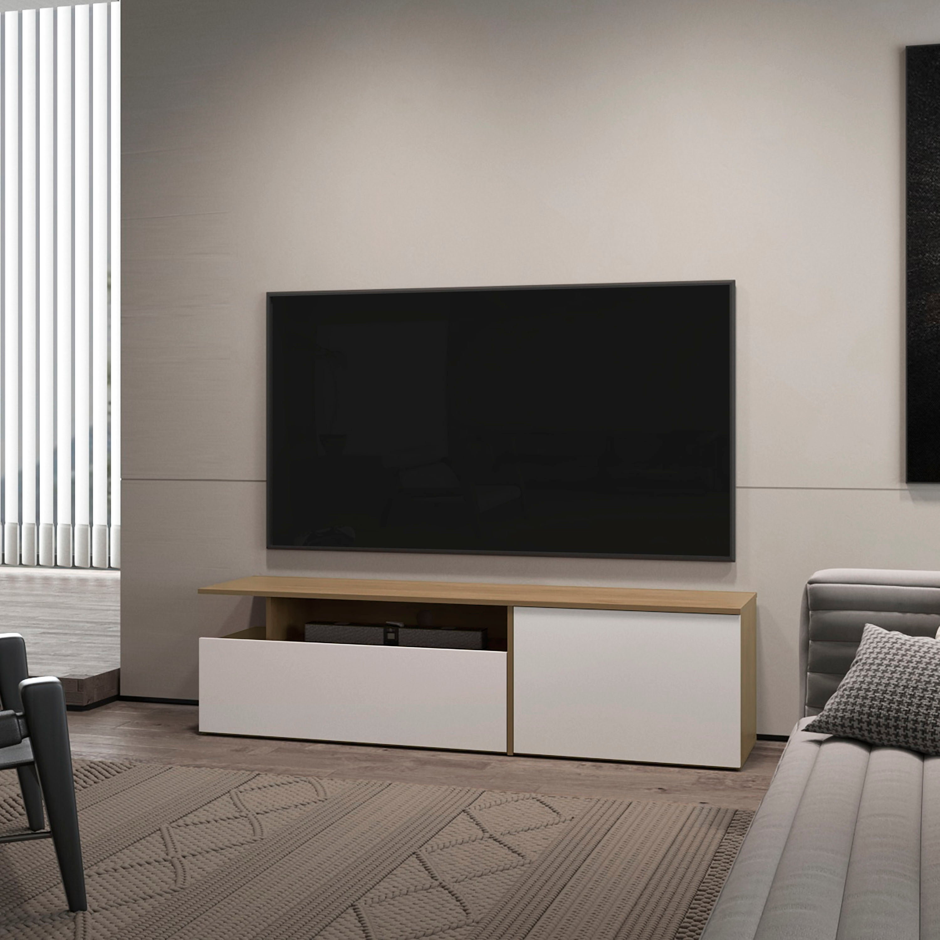 Dilkon TV Stand, Oak & White | Drop-Down Door & Shelves