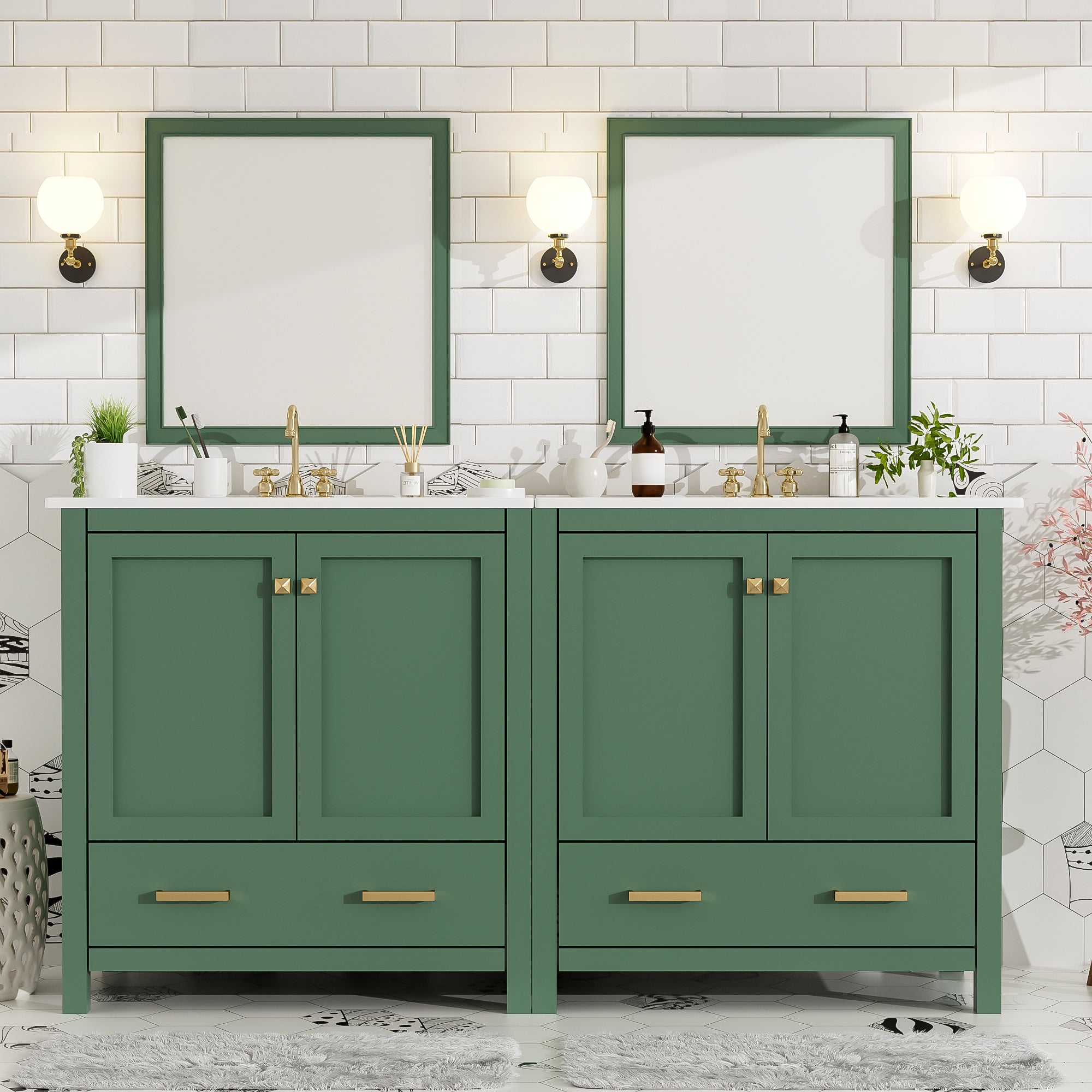 60" Green Double Vanity Set: Modern Bathroom Storage