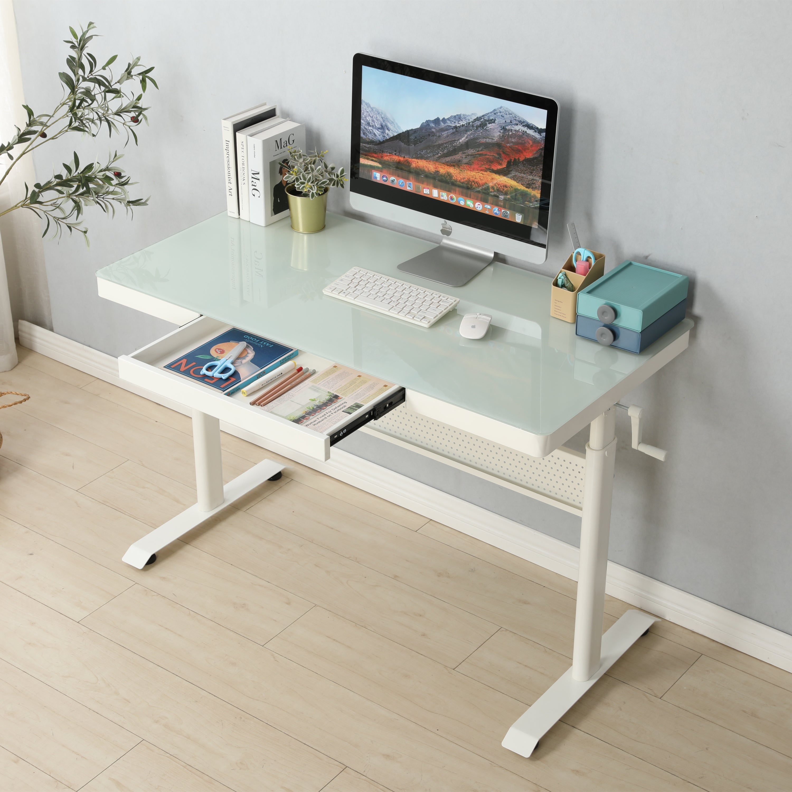 48" Tempered Glass Standing Desk w/ Drawer | Adjustable Height