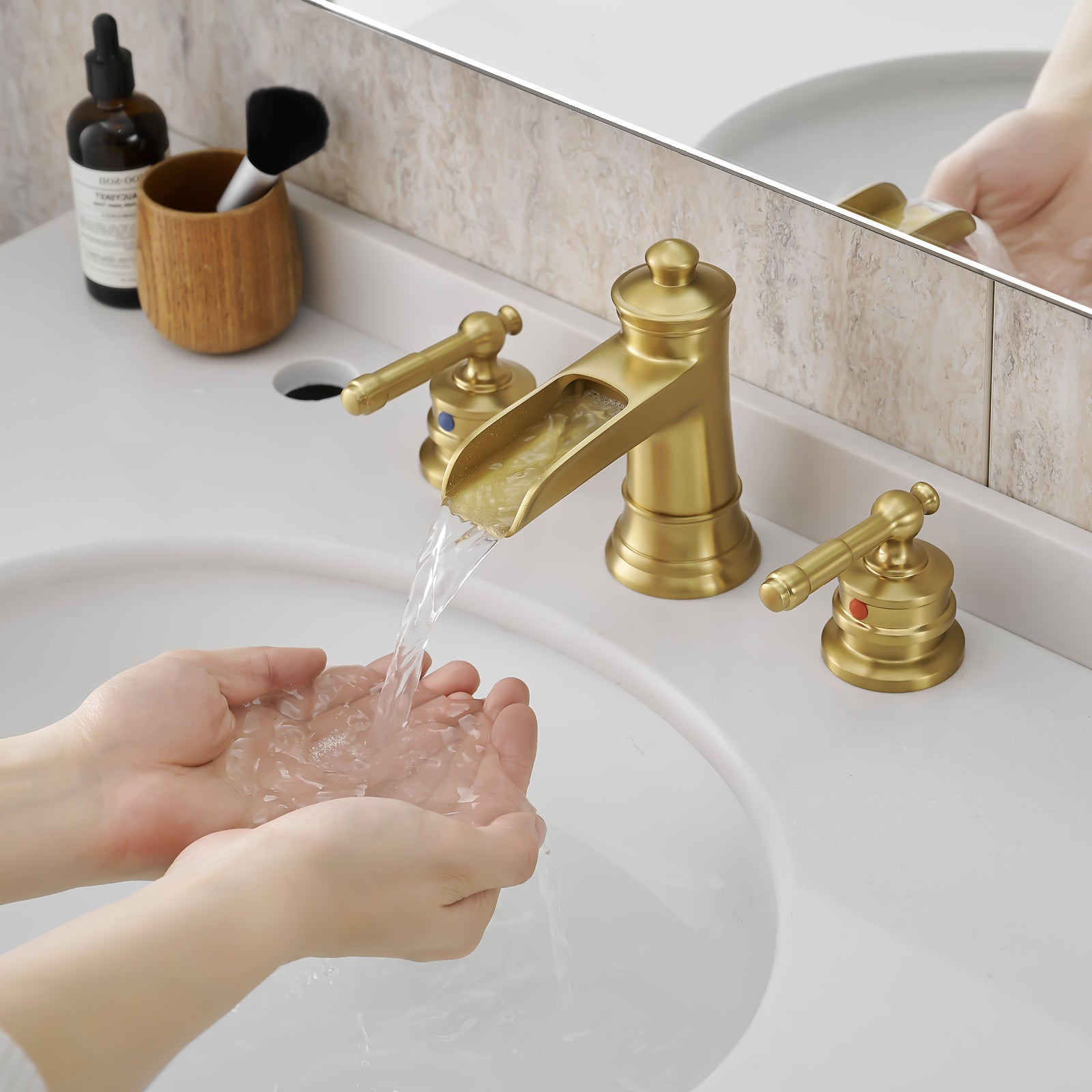 Gold Nickel Bathroom Faucet, 8" Widespread