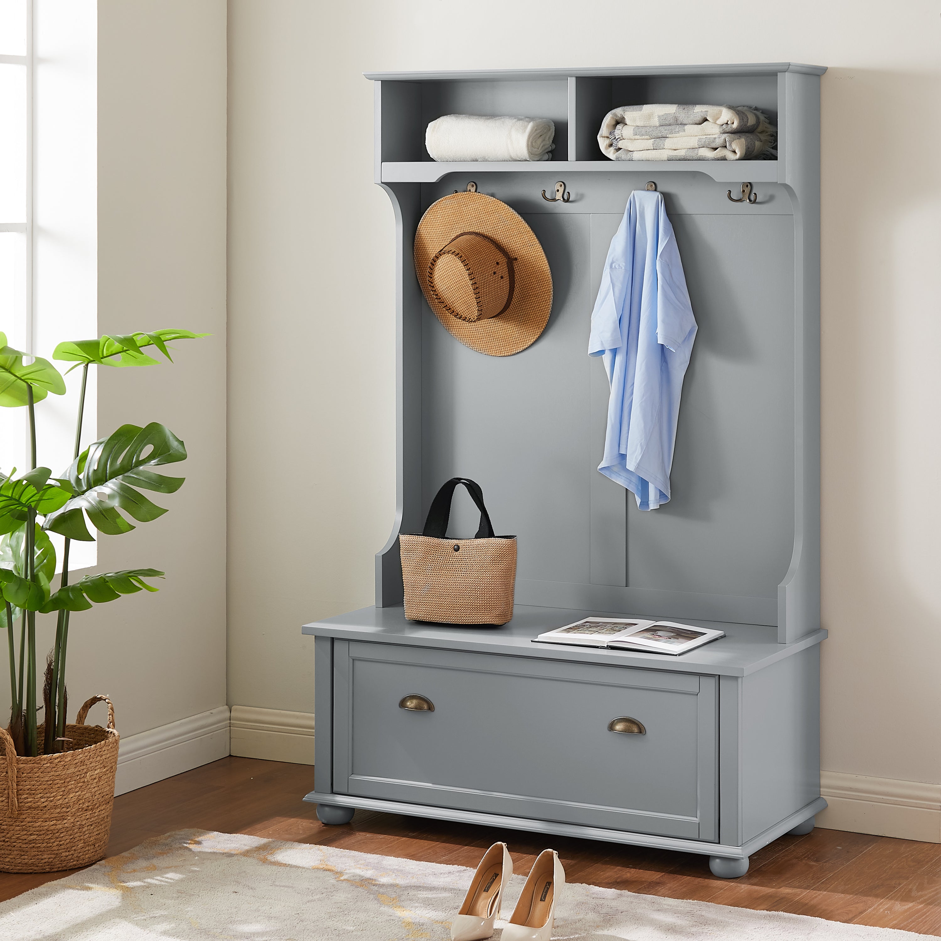 Modern Hall Tree w/ Shoe Storage Bench & Coat Hooks - Gray