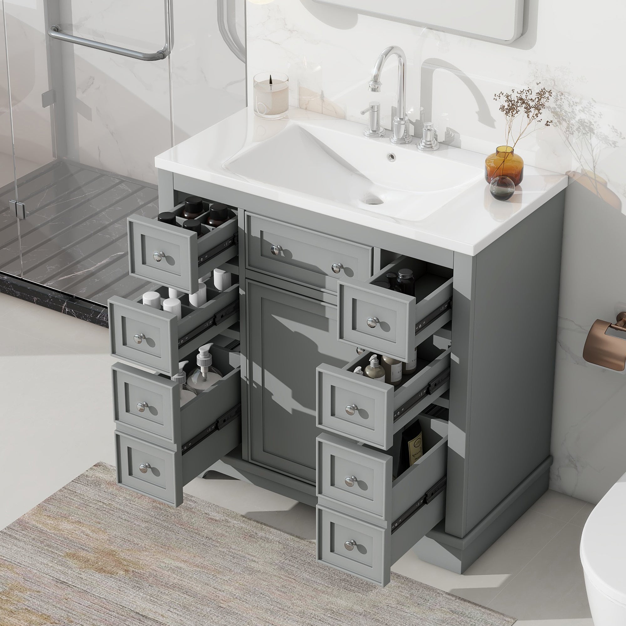 Grey 36" Bathroom Vanity w/ Sink, 6 Drawers