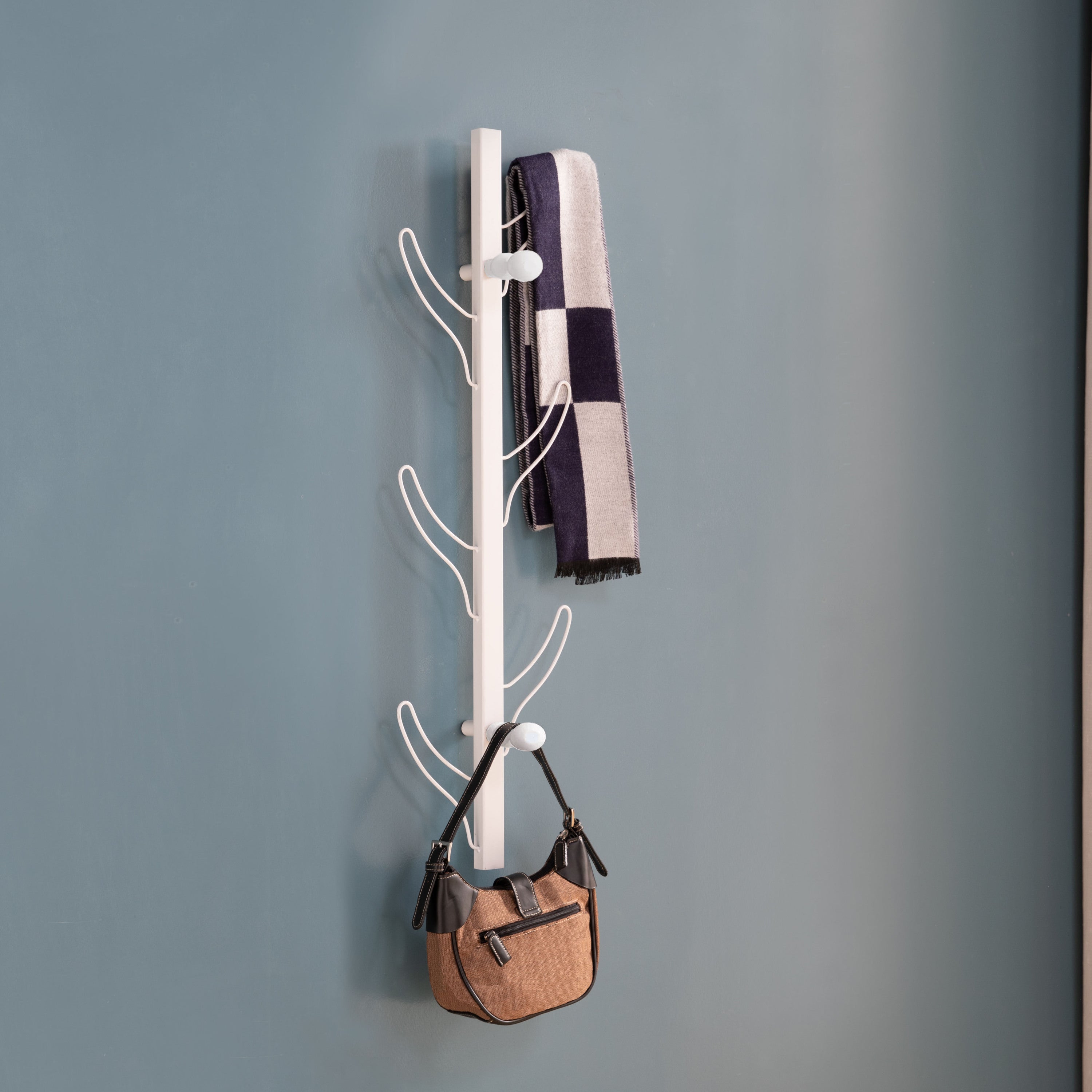 White Wall Mount Coat Rack | 8 Hook Vertical Design