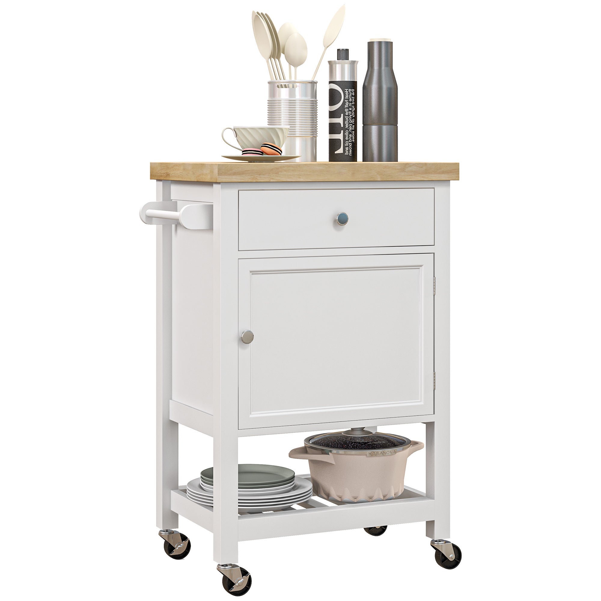 Rolling Kitchen Cart w/ Wood Top & Storage, White