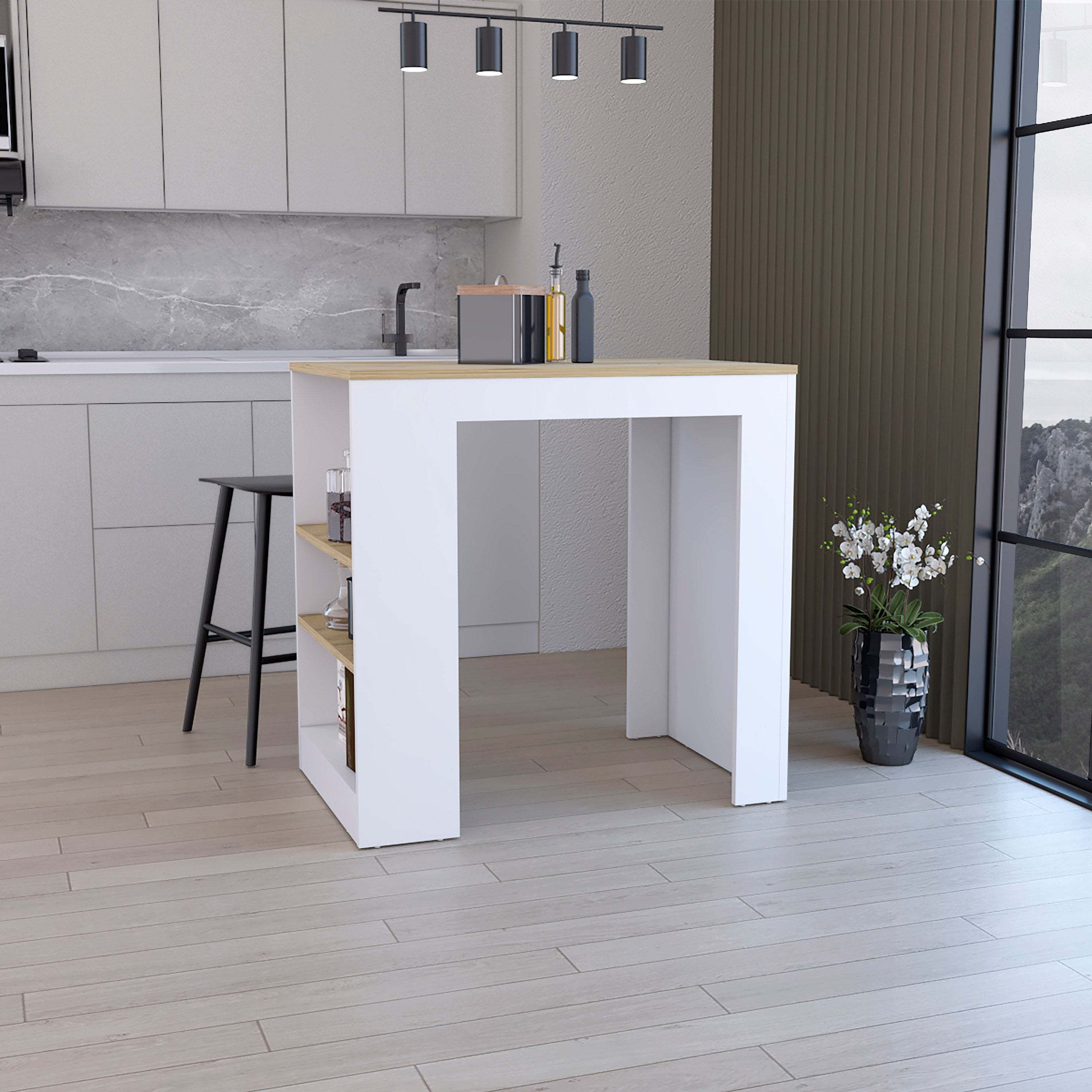 Kitchen Island Table, 36"H w/ Shelves, White/Macadamia