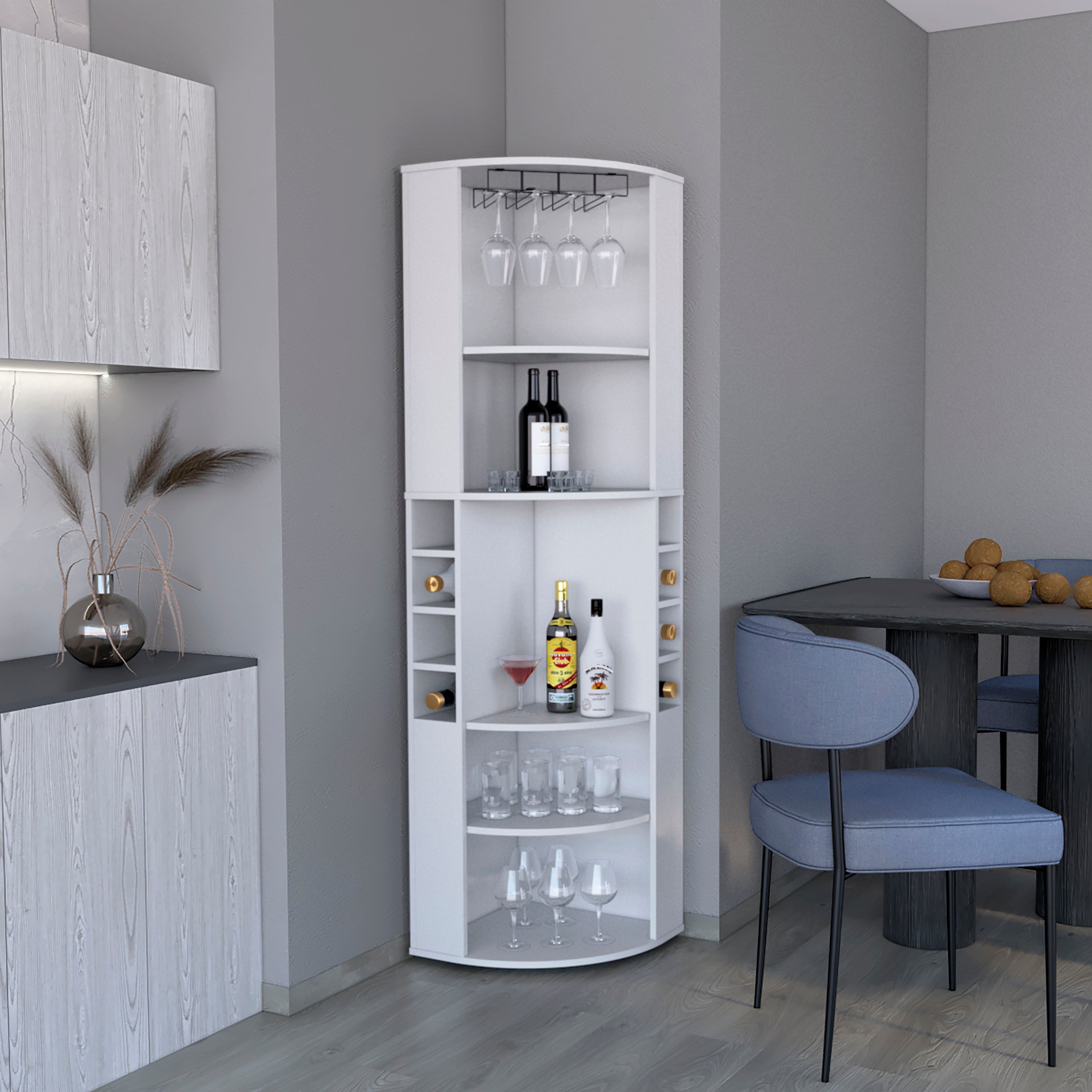 71" White Corner Bar Cabinet: 5 Shelves, 8 Cubbies