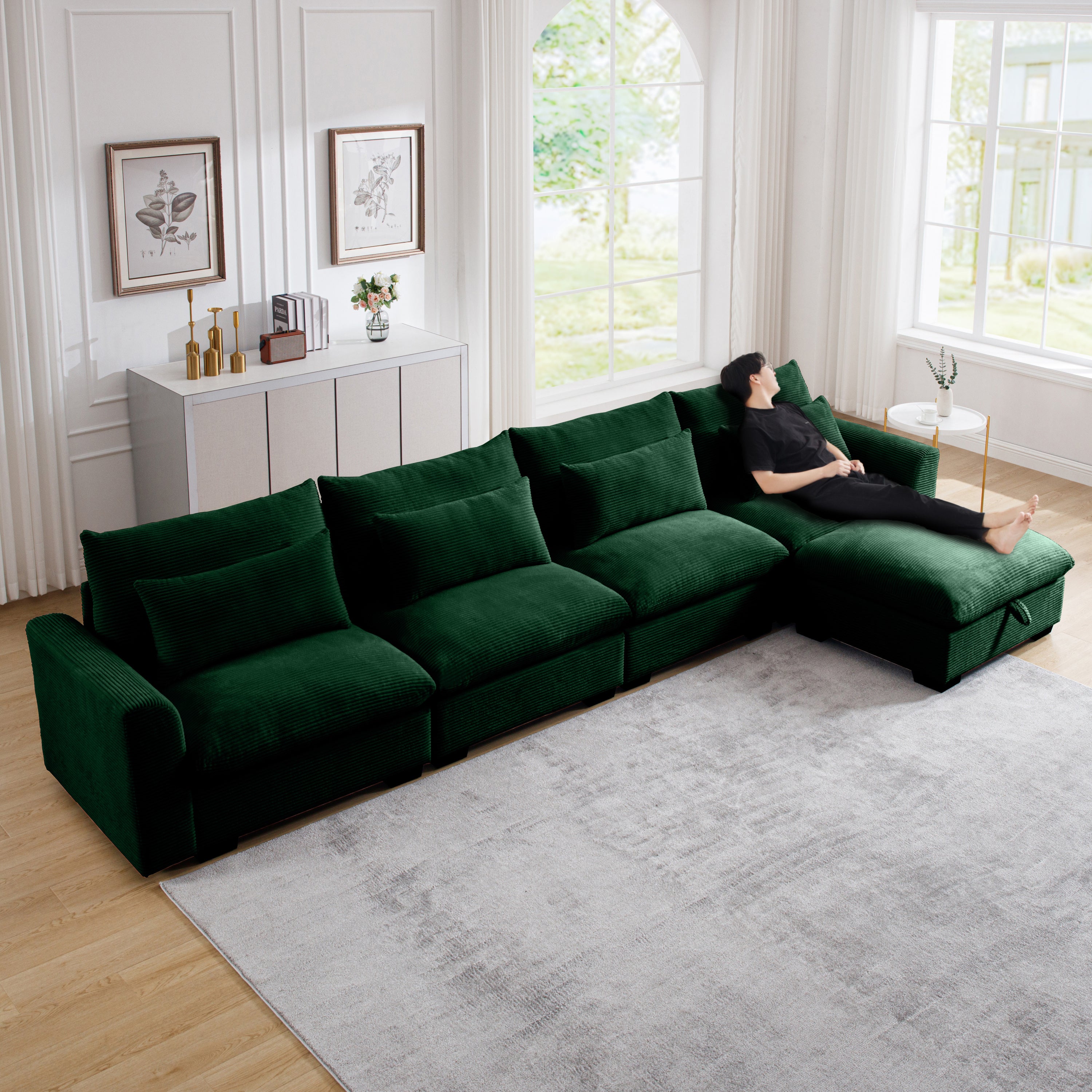 Green Corduroy L-Shaped Sectional Sofa w/Storage