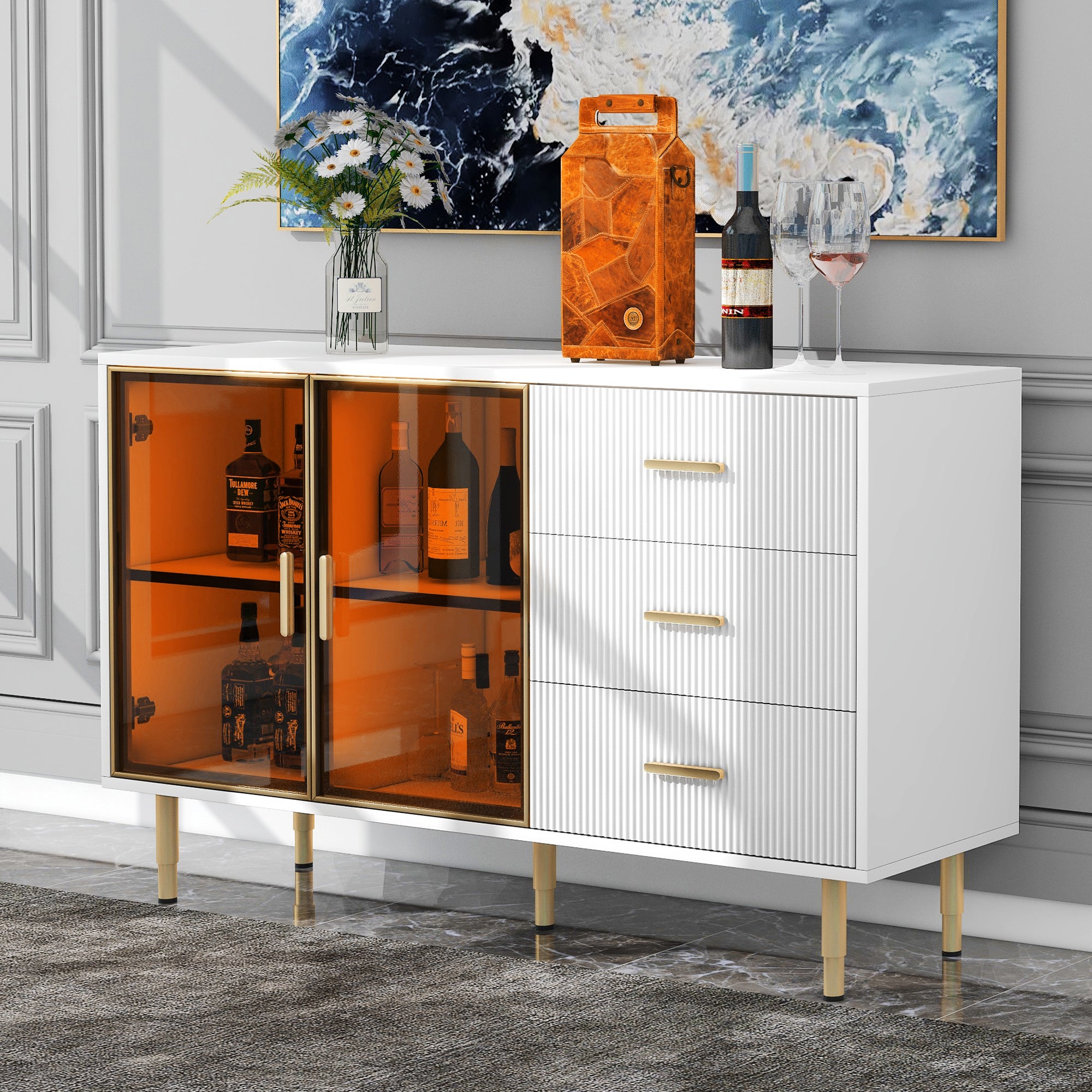 Modern White Sideboard Buffet Cabinet with Marble Top