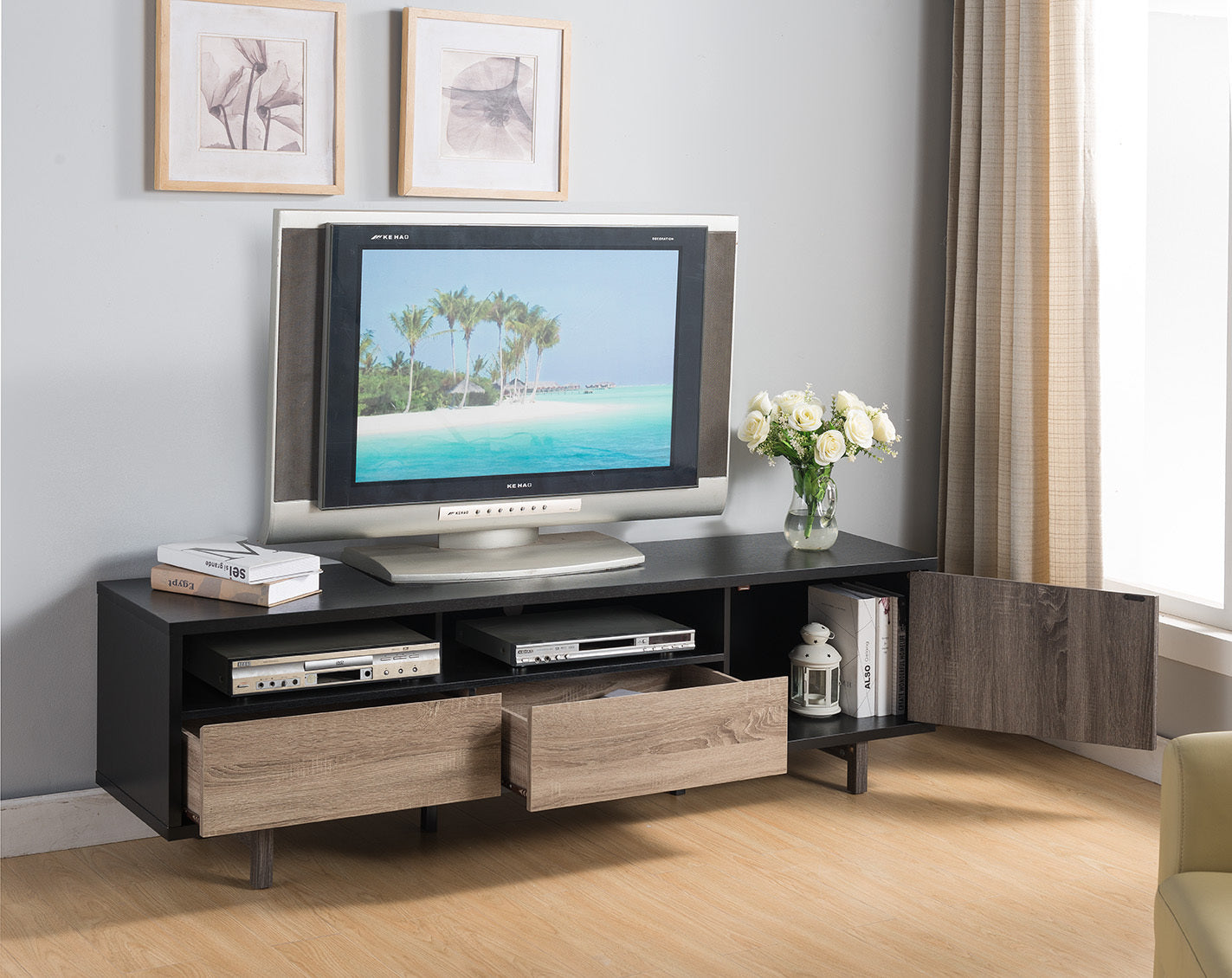 72" TV Stand Media Cabinet Console, Black Distressed Gray